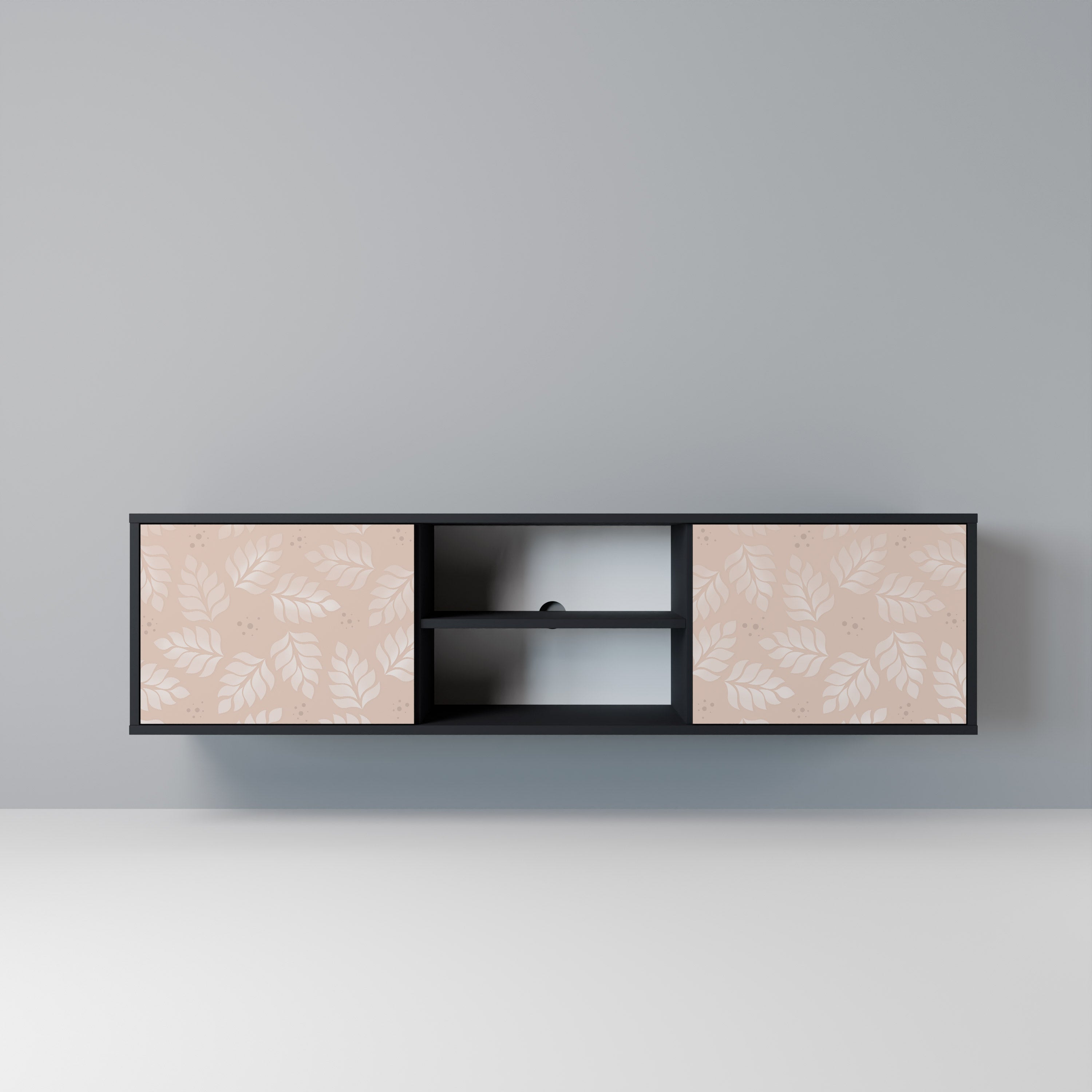 Mueble de TV de 2 puertas LEAVES ON BEIGE con acabado negro