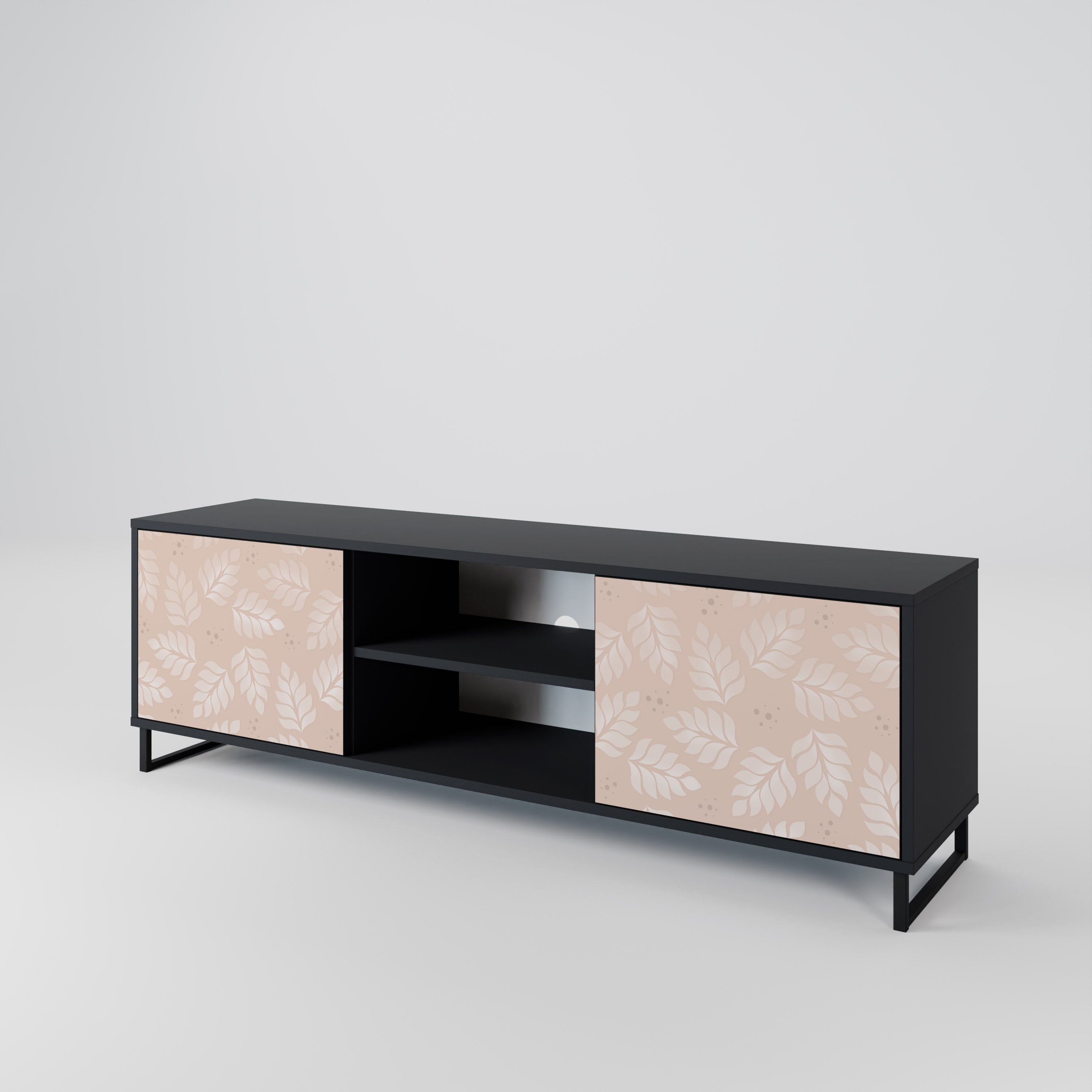 Mueble de TV de 2 puertas LEAVES ON BEIGE con acabado negro