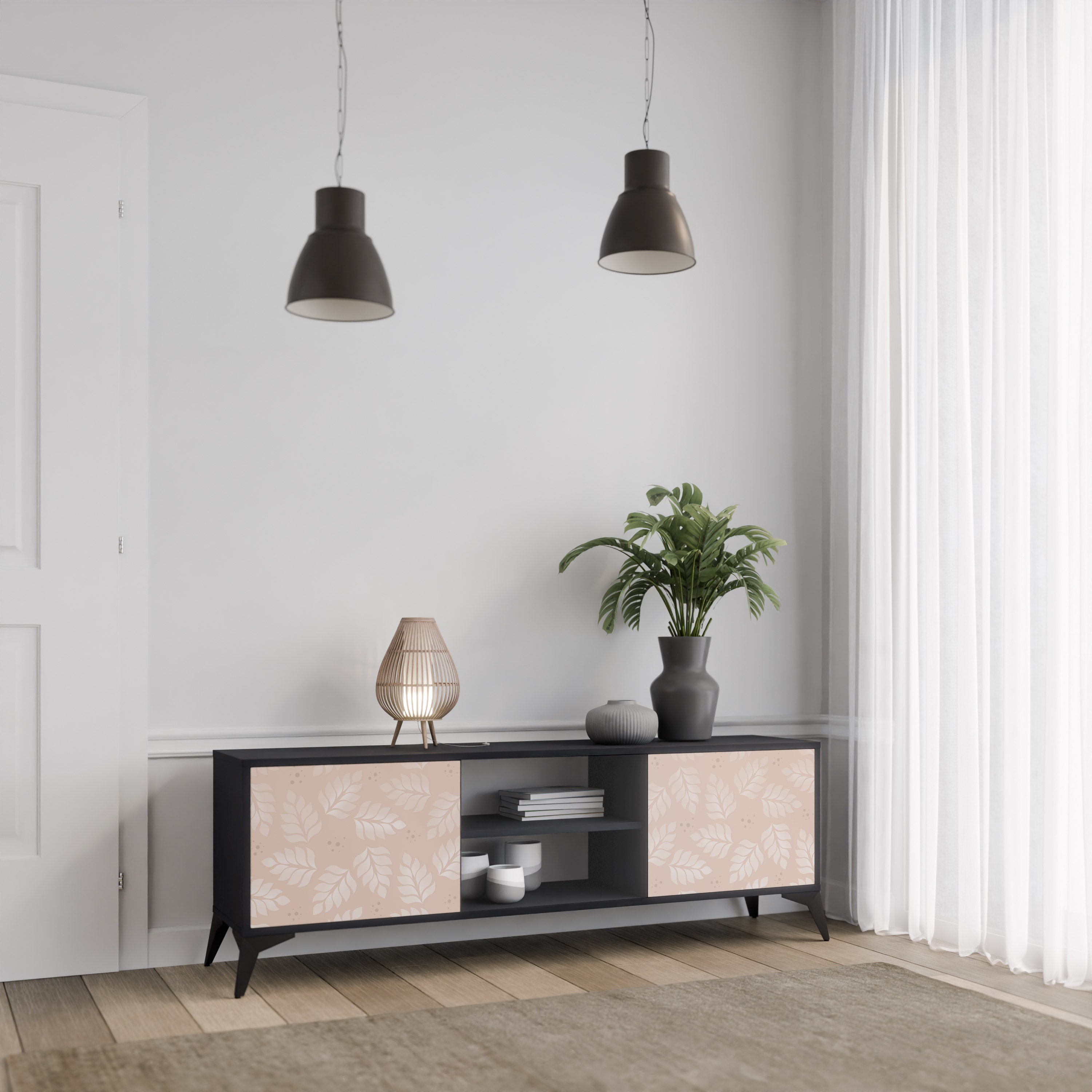 Mueble de TV de 2 puertas LEAVES ON BEIGE con acabado negro