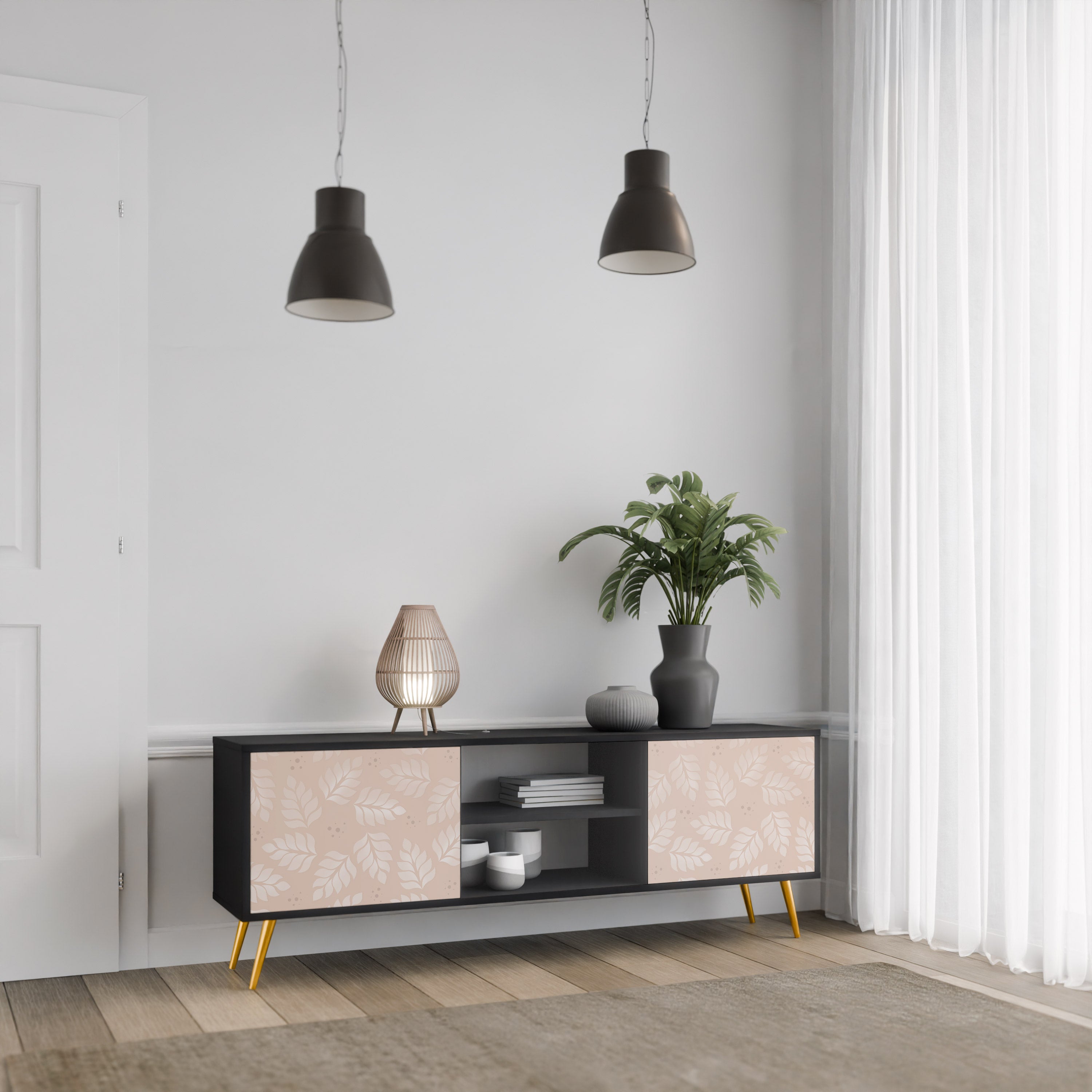 Mueble de TV de 2 puertas LEAVES ON BEIGE con acabado negro
