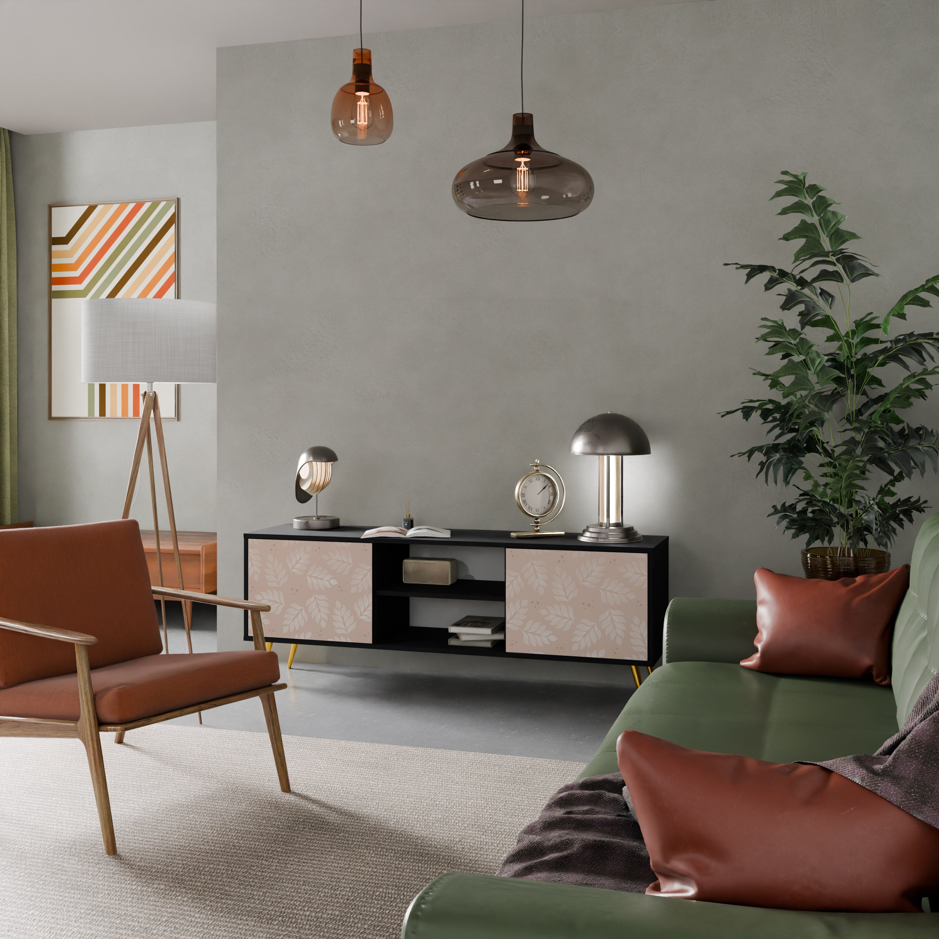 Mueble de TV de 2 puertas LEAVES ON BEIGE con acabado negro
