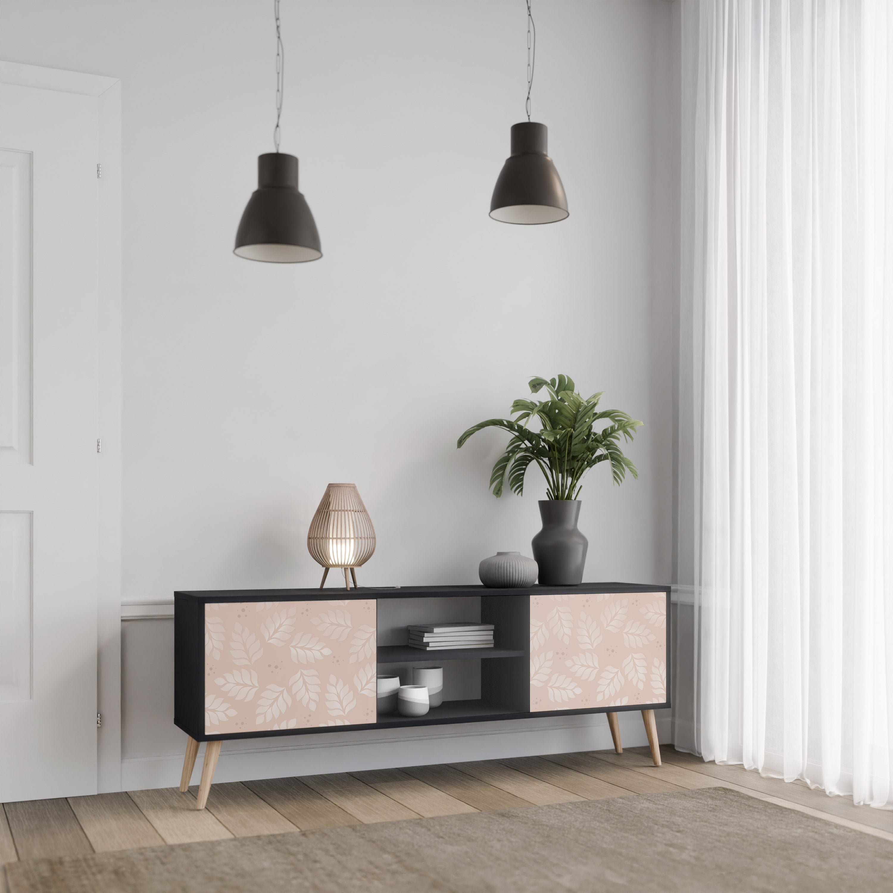 Mueble de TV de 2 puertas LEAVES ON BEIGE con acabado negro