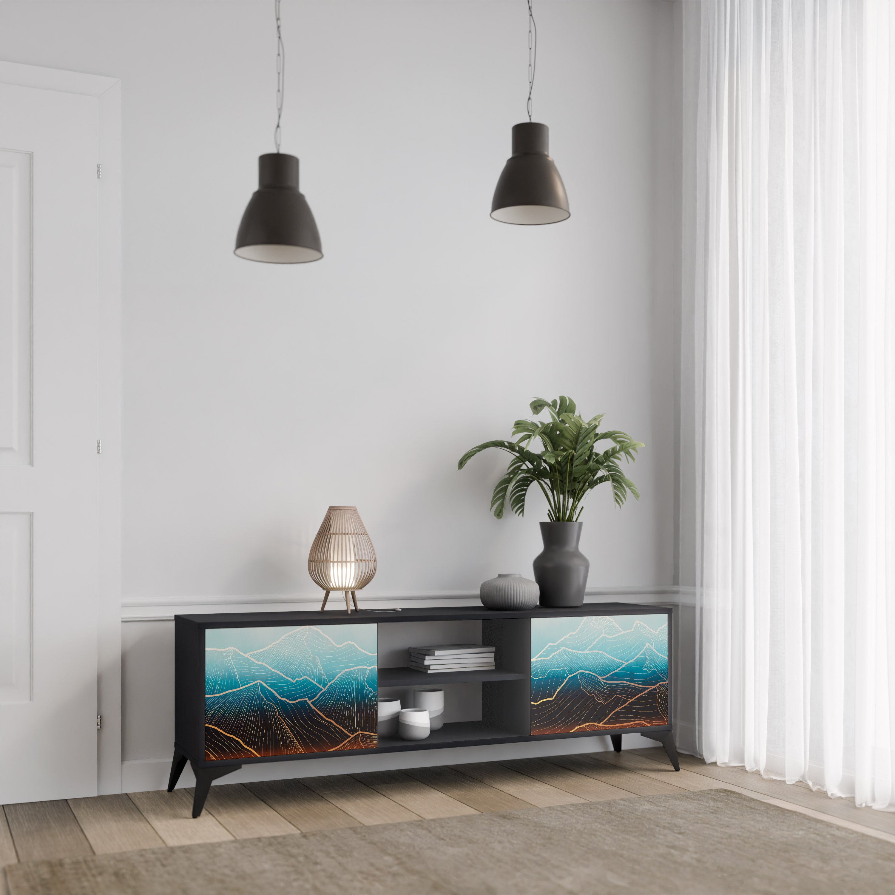 Mueble de TV de 2 puertas LUNAR SECRETS en acabado negro