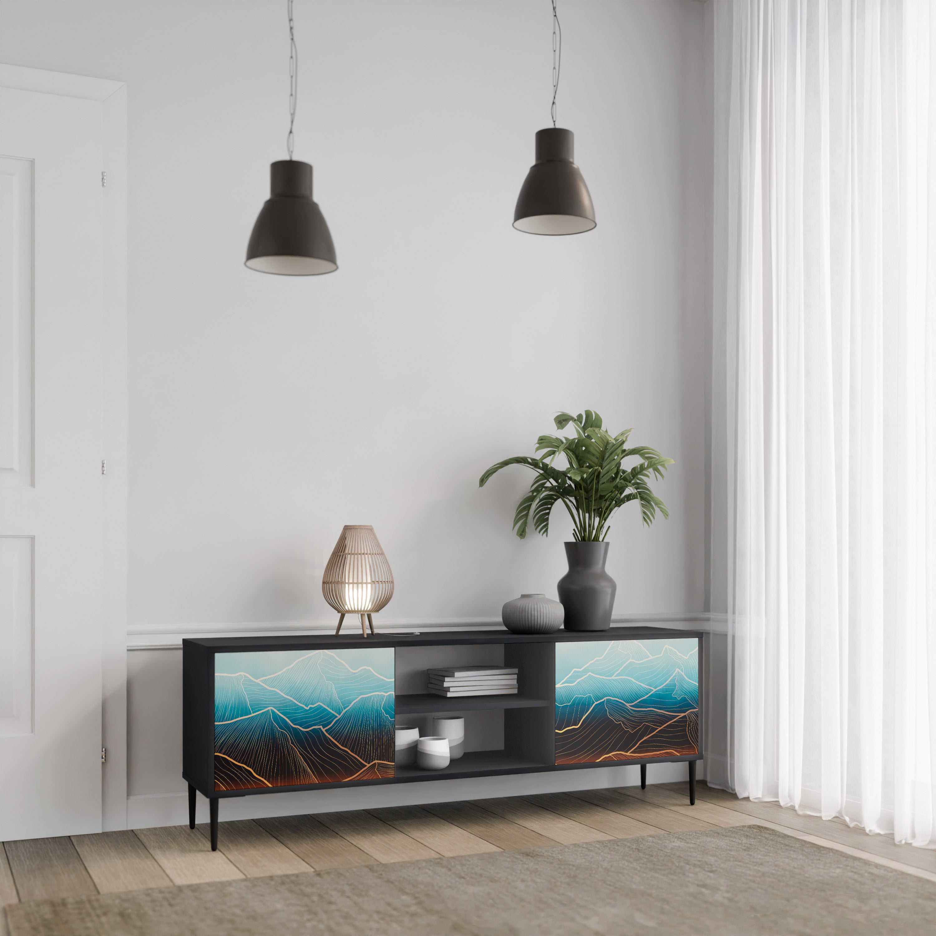 Mueble de TV de 2 puertas LUNAR SECRETS en acabado negro