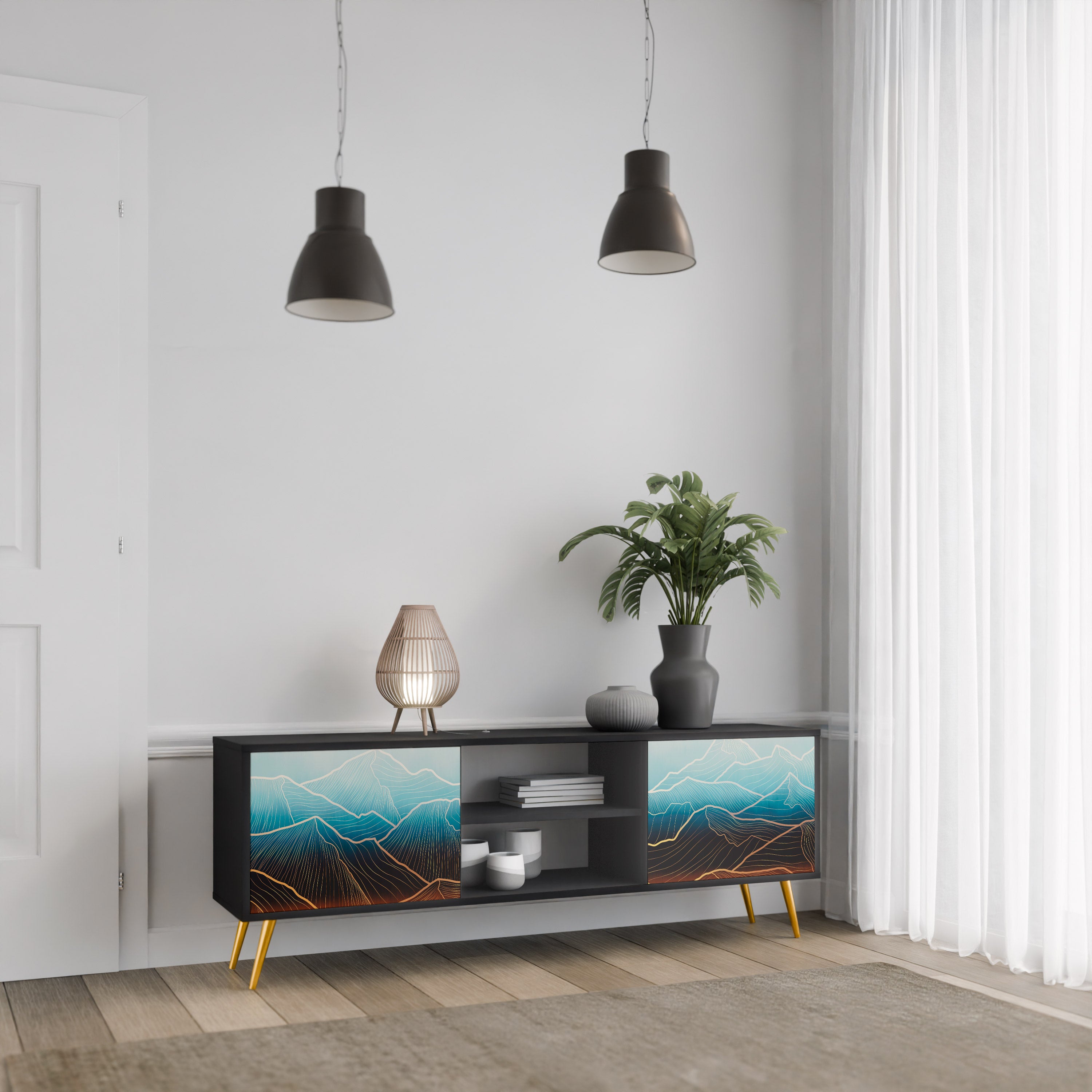 Mueble de TV de 2 puertas LUNAR SECRETS en acabado negro
