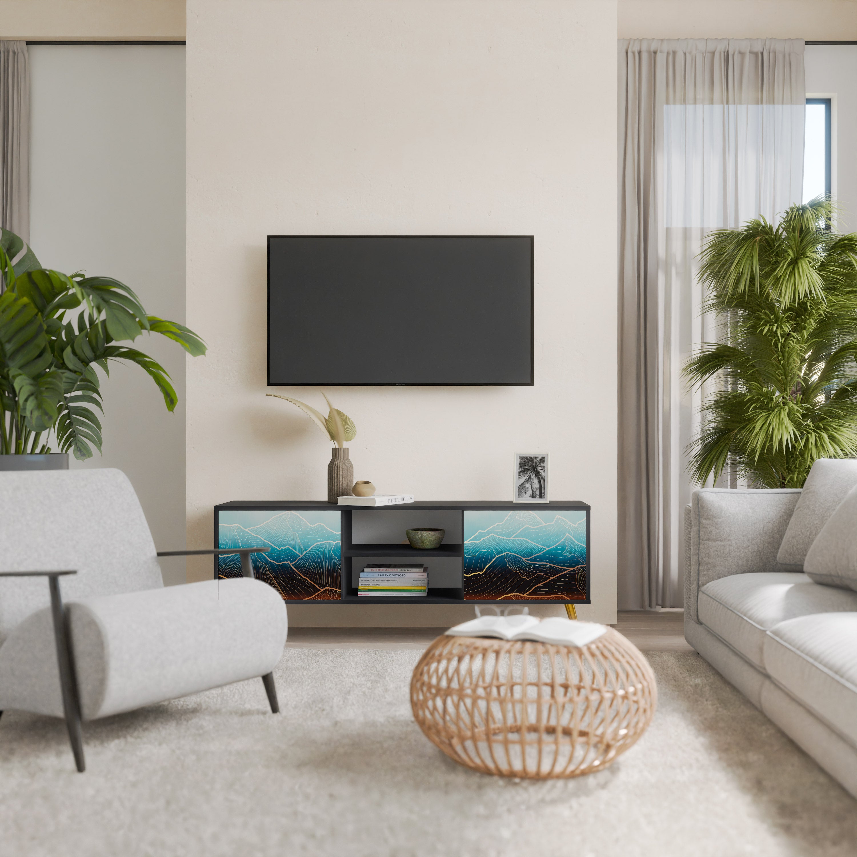 Mueble de TV de 2 puertas LUNAR SECRETS en acabado negro