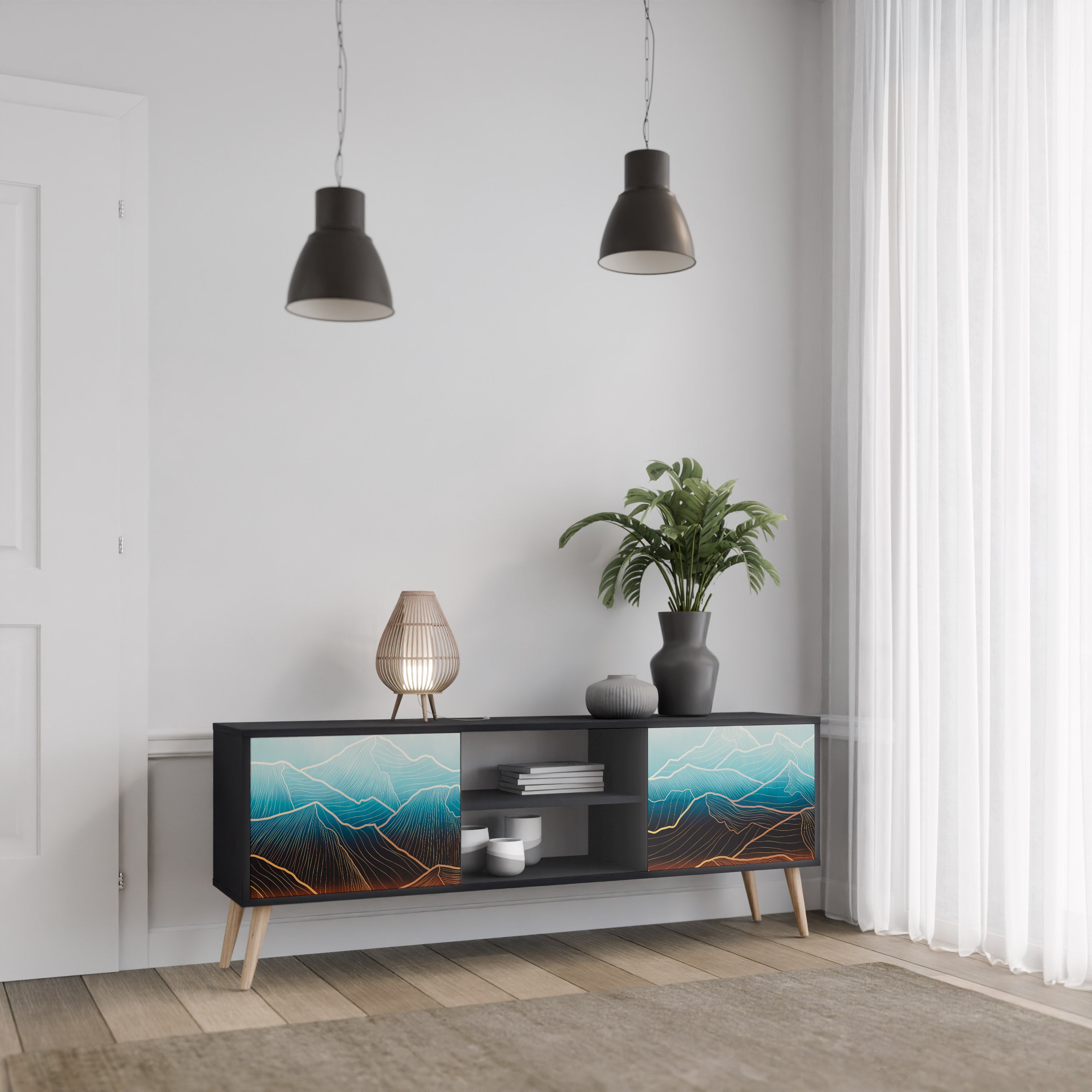 Mueble de TV de 2 puertas LUNAR SECRETS en acabado negro
