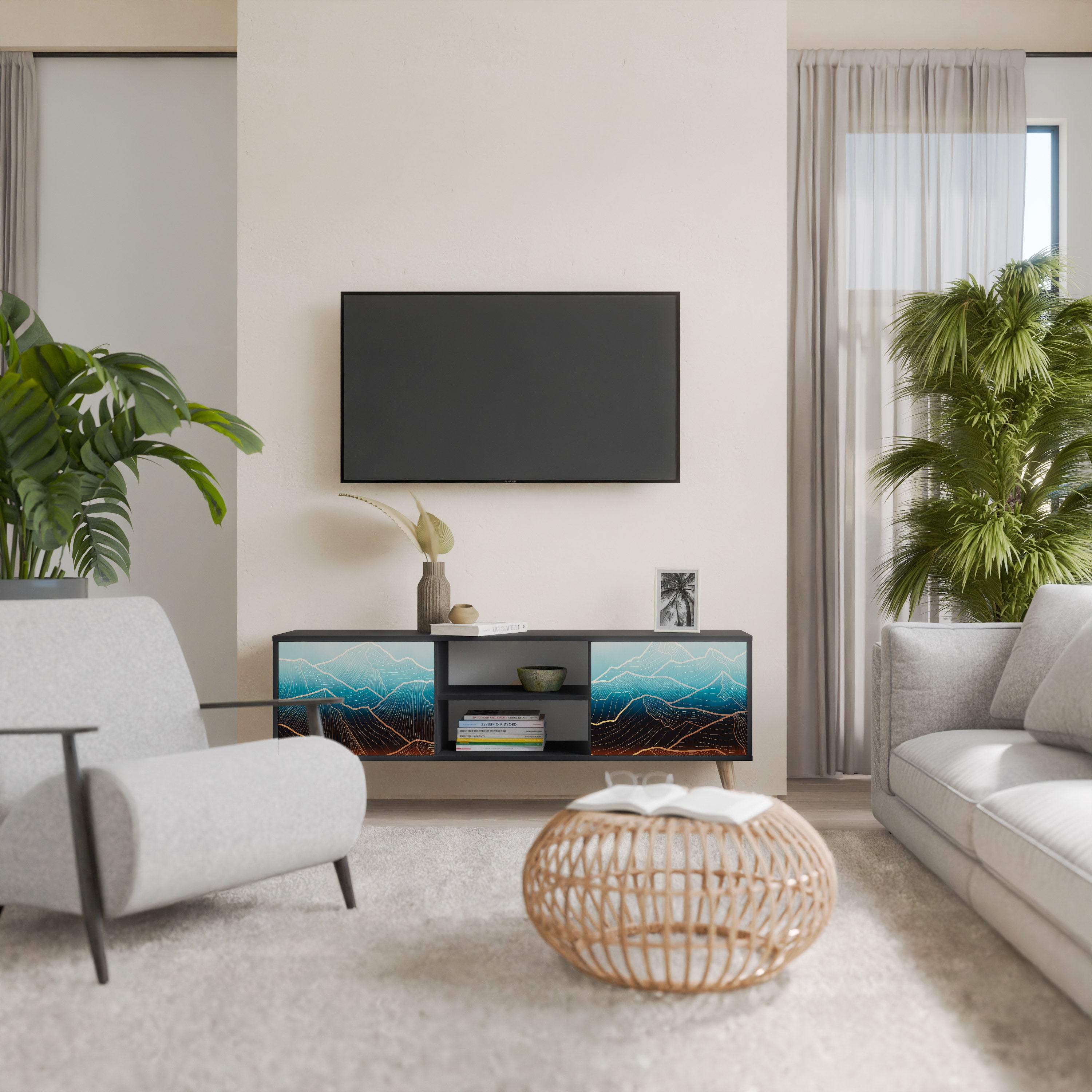 Mueble de TV de 2 puertas LUNAR SECRETS en acabado negro
