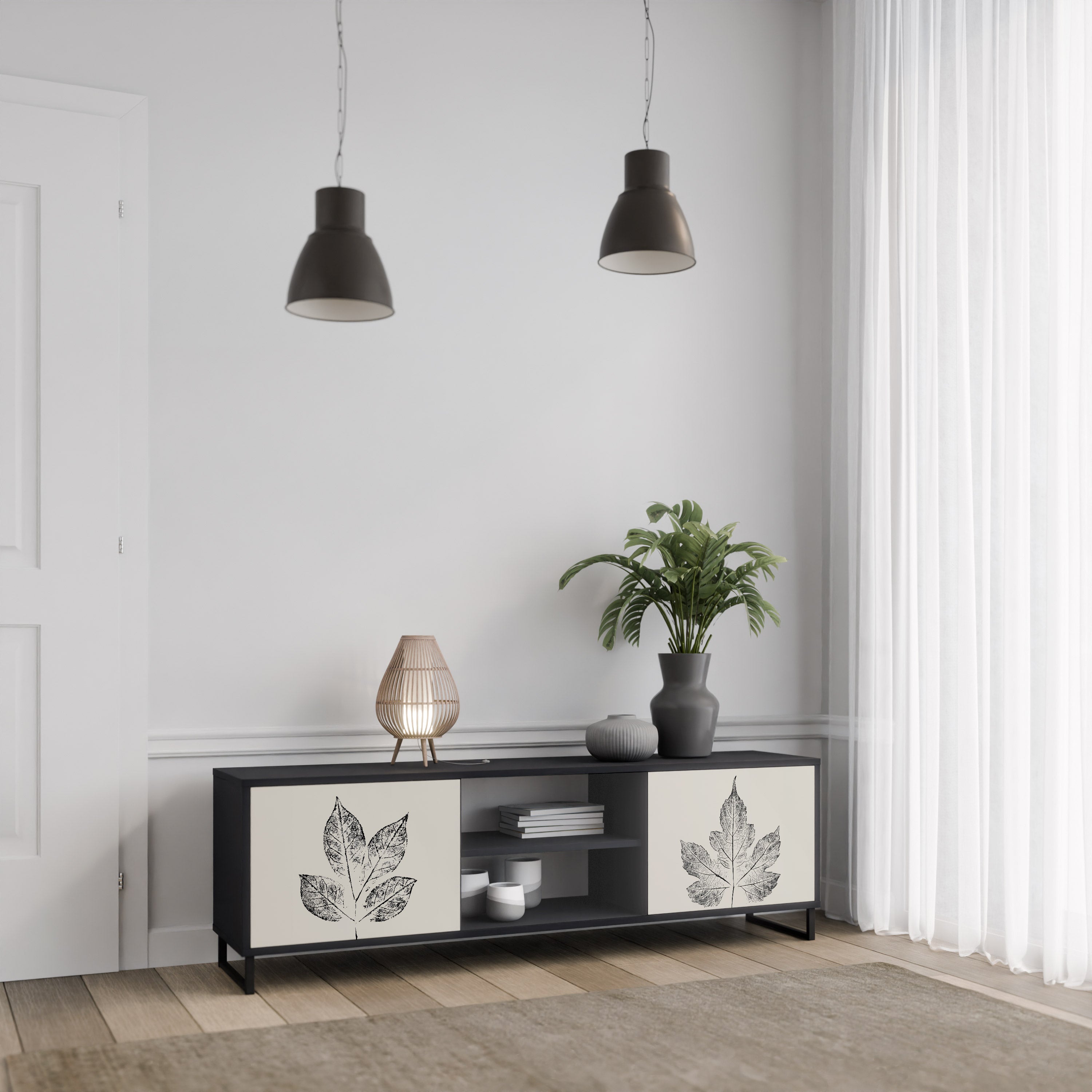 Mueble de TV de 2 puertas LEAFY STAMPS con acabado negro