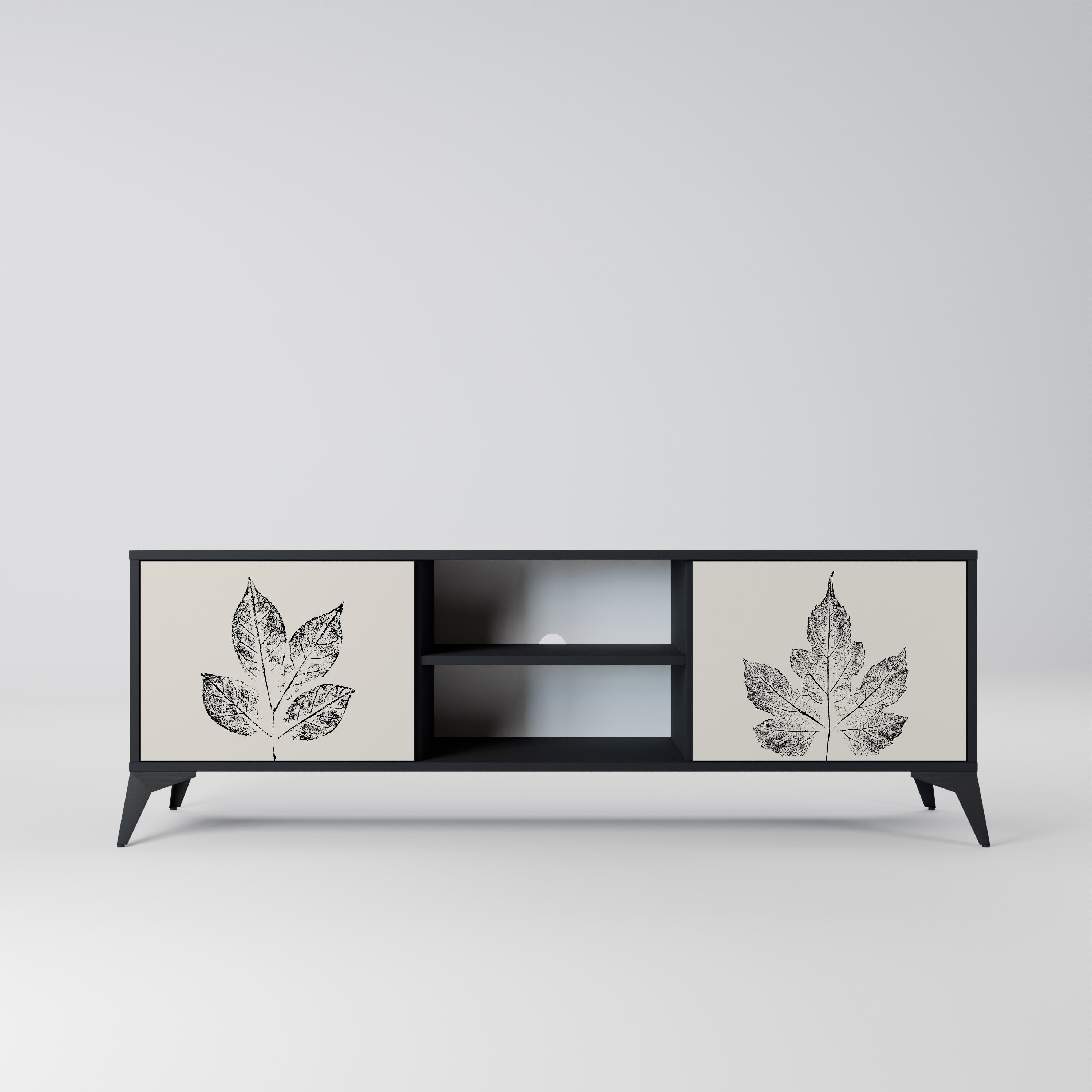 Mueble de TV de 2 puertas LEAFY STAMPS con acabado negro