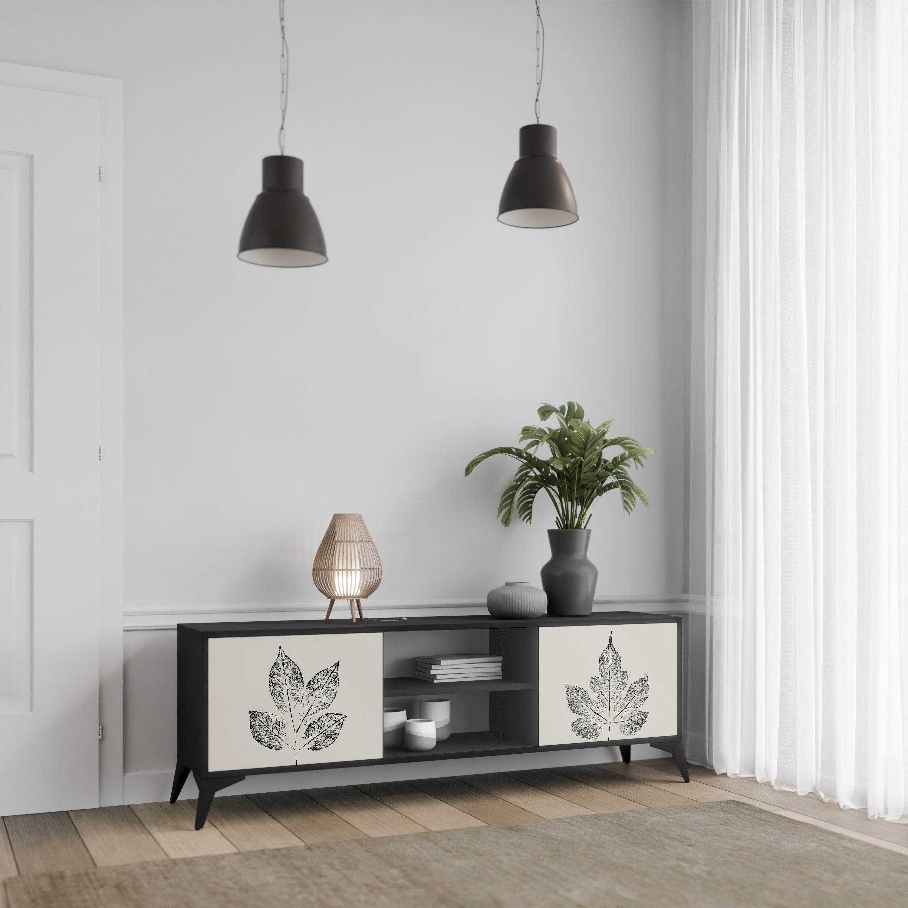 Mueble de TV de 2 puertas LEAFY STAMPS con acabado negro