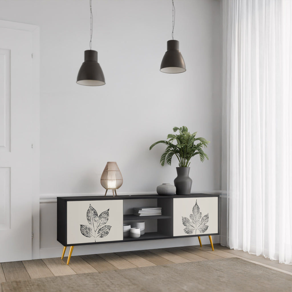 Mueble de TV de 2 puertas LEAFY STAMPS con acabado negro