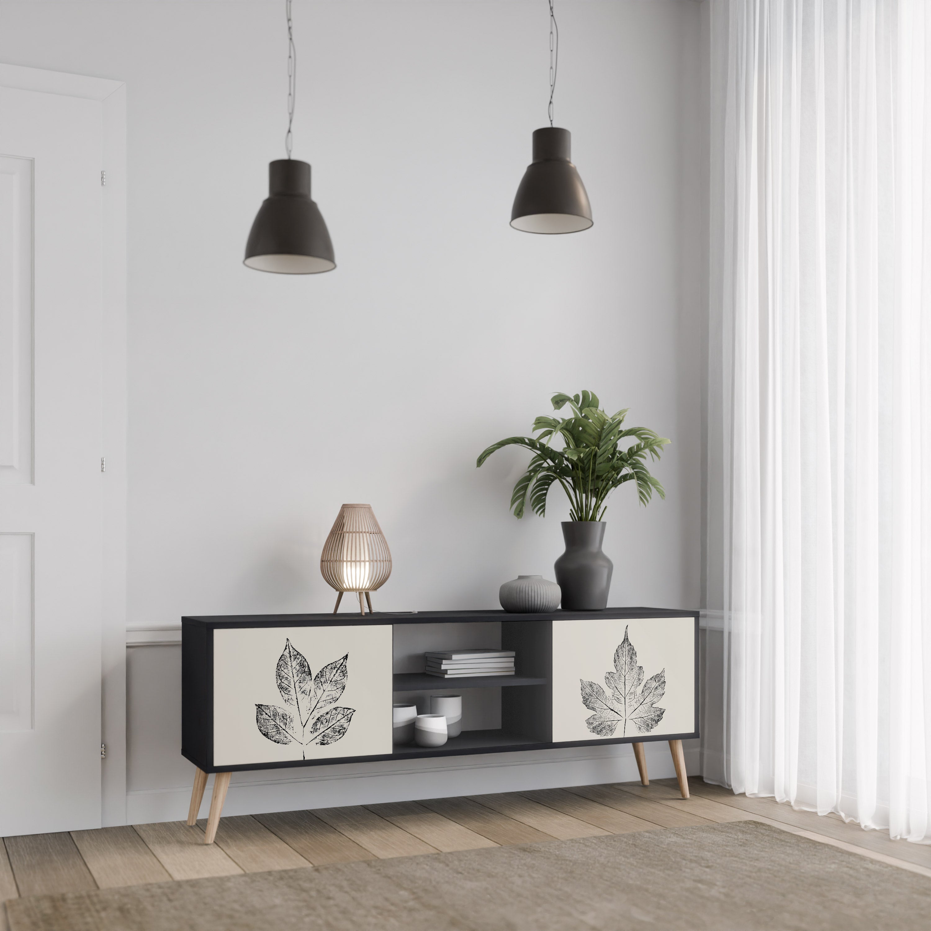 Mueble de TV de 2 puertas LEAFY STAMPS con acabado negro
