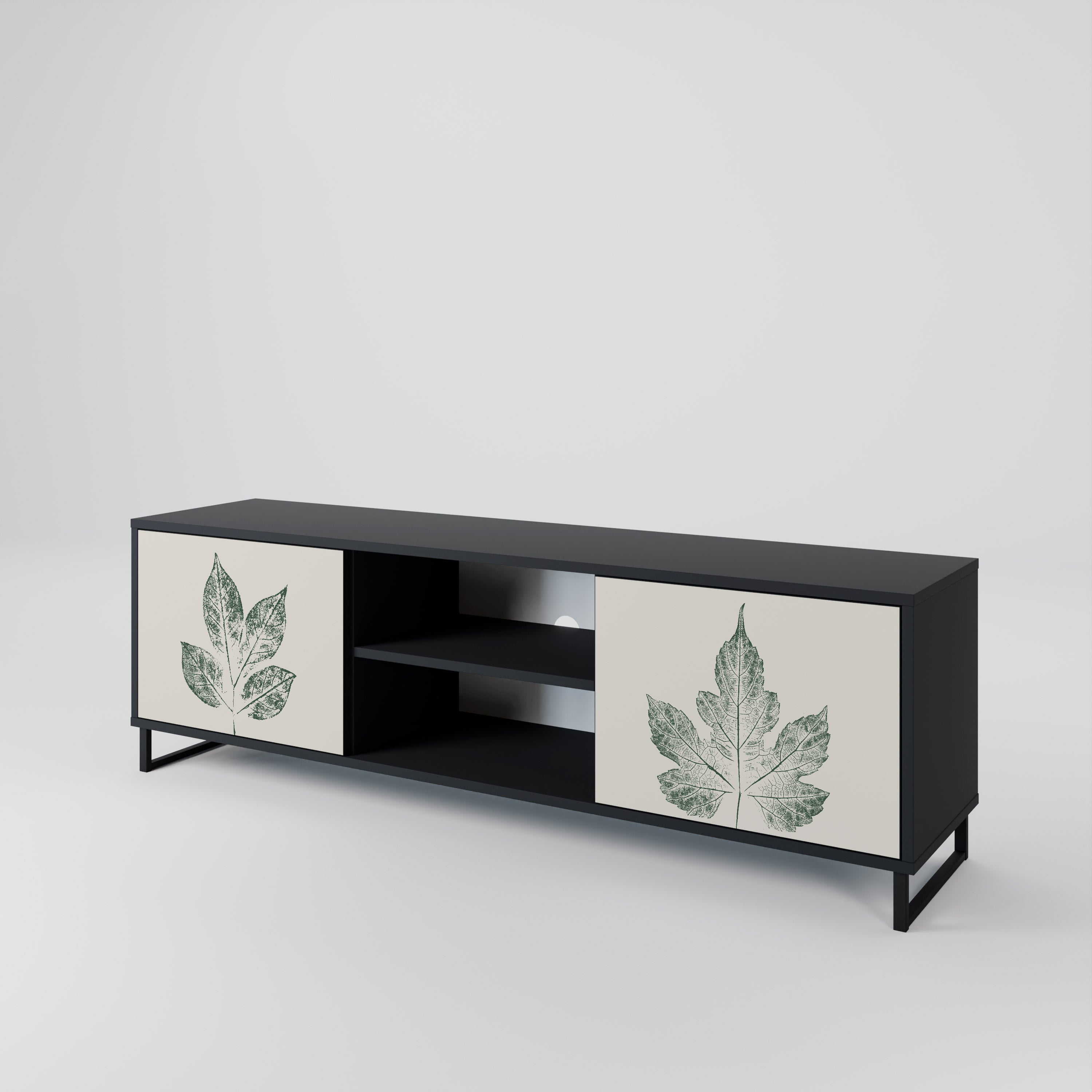 Mueble de TV de 2 puertas con acabado negro GREEN LEAFY STAMPS