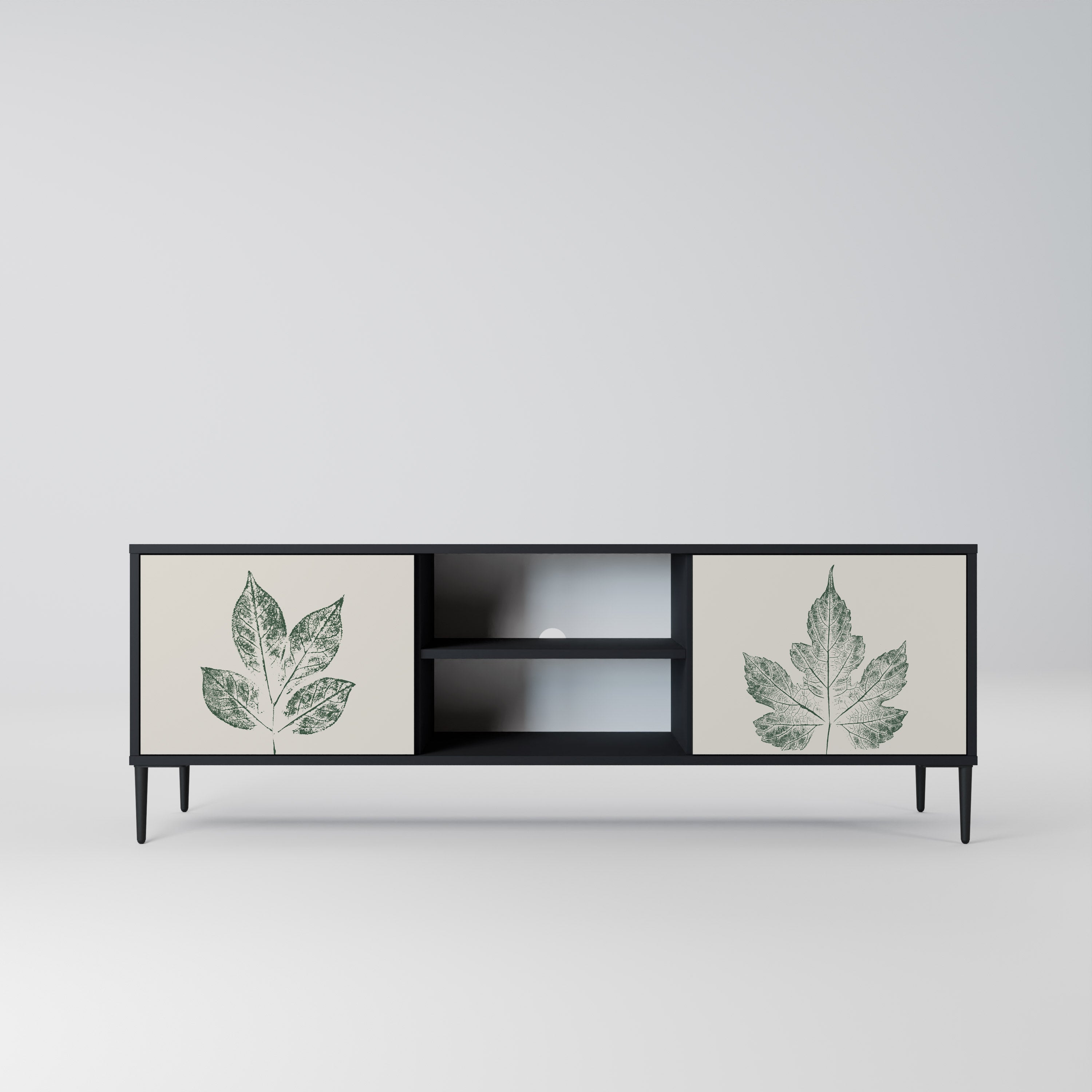 Mueble de TV de 2 puertas con acabado negro GREEN LEAFY STAMPS
