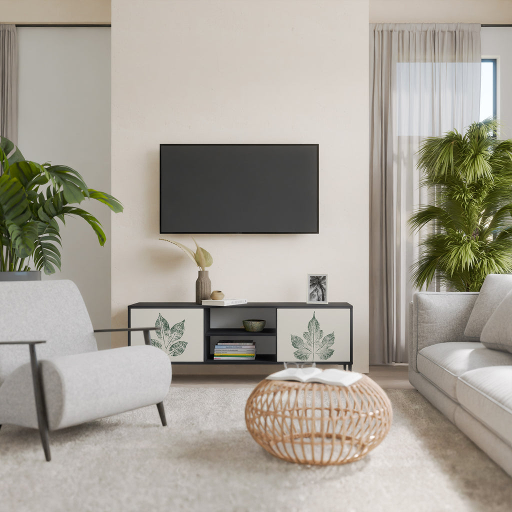 Mueble de TV de 2 puertas con acabado negro GREEN LEAFY STAMPS
