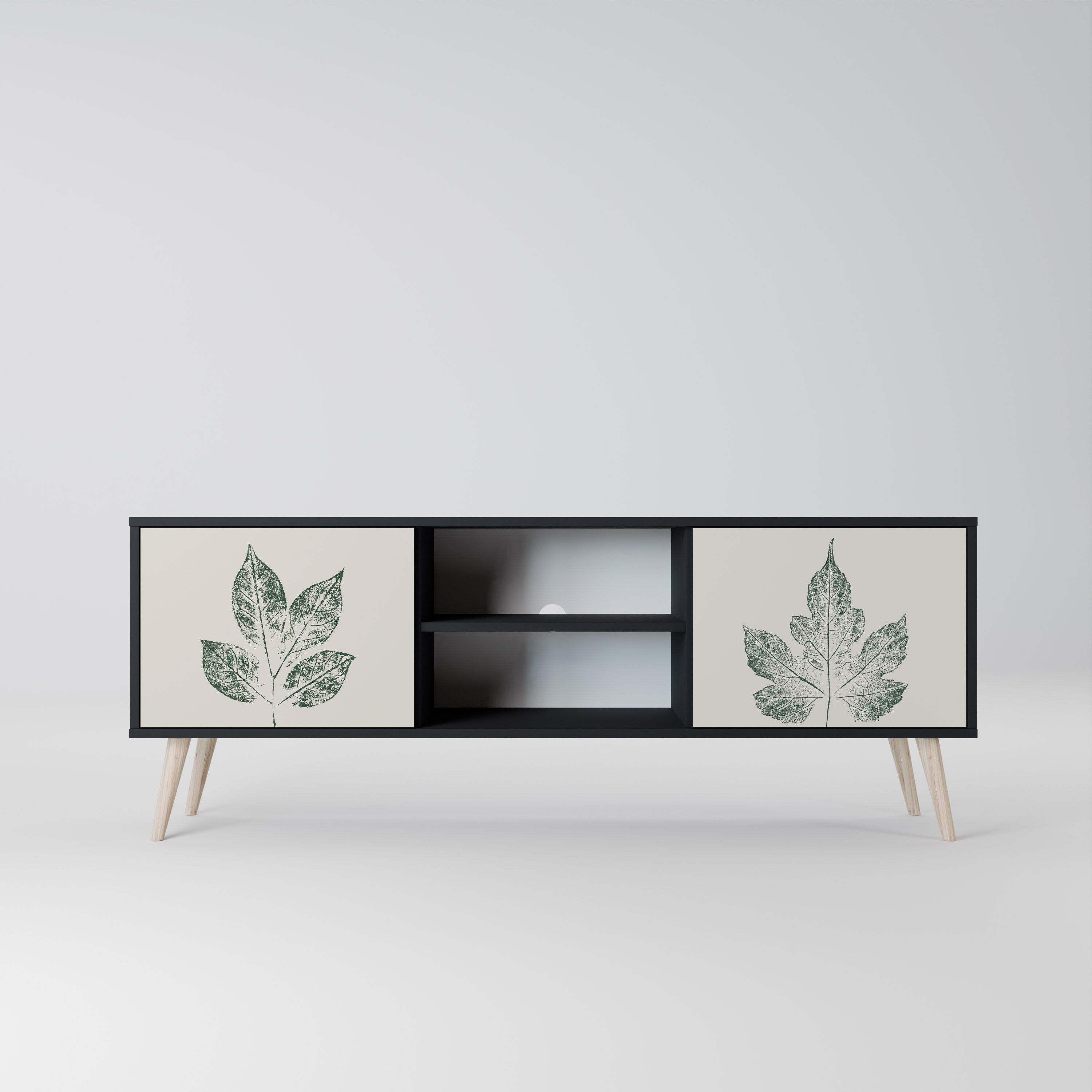 Mueble de TV de 2 puertas con acabado negro GREEN LEAFY STAMPS
