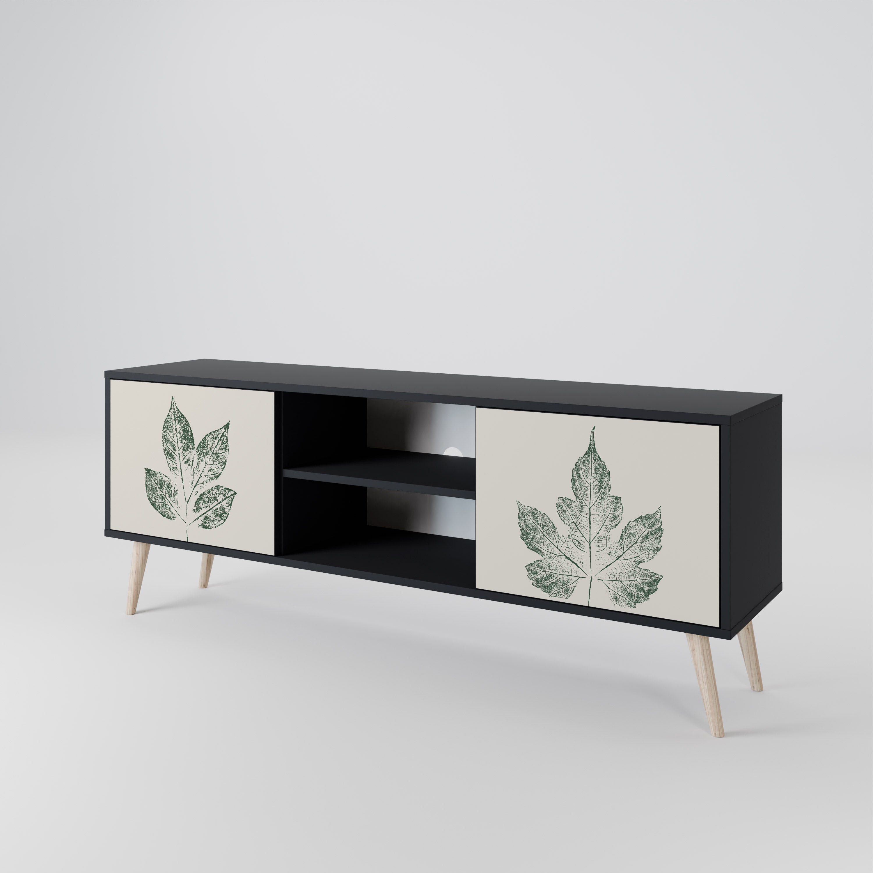 Mueble de TV de 2 puertas con acabado negro GREEN LEAFY STAMPS