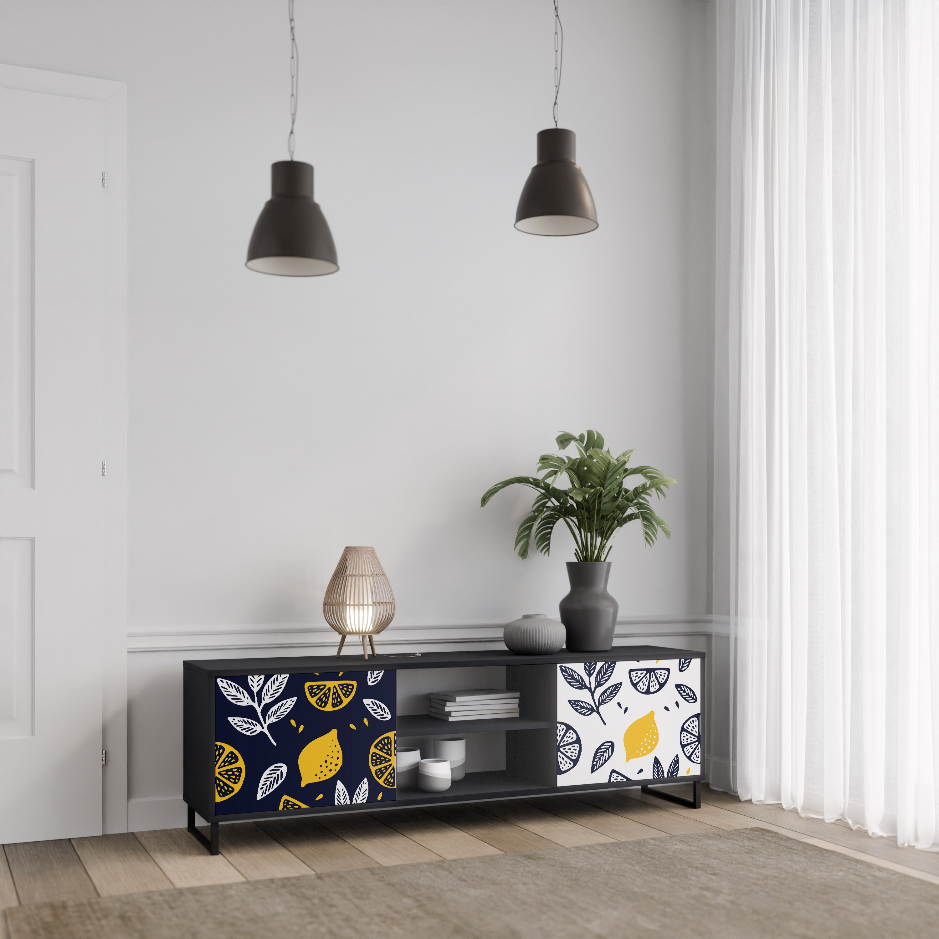 Mueble de TV de 2 puertas CITRUS BLACK AND WHITE con acabado negro