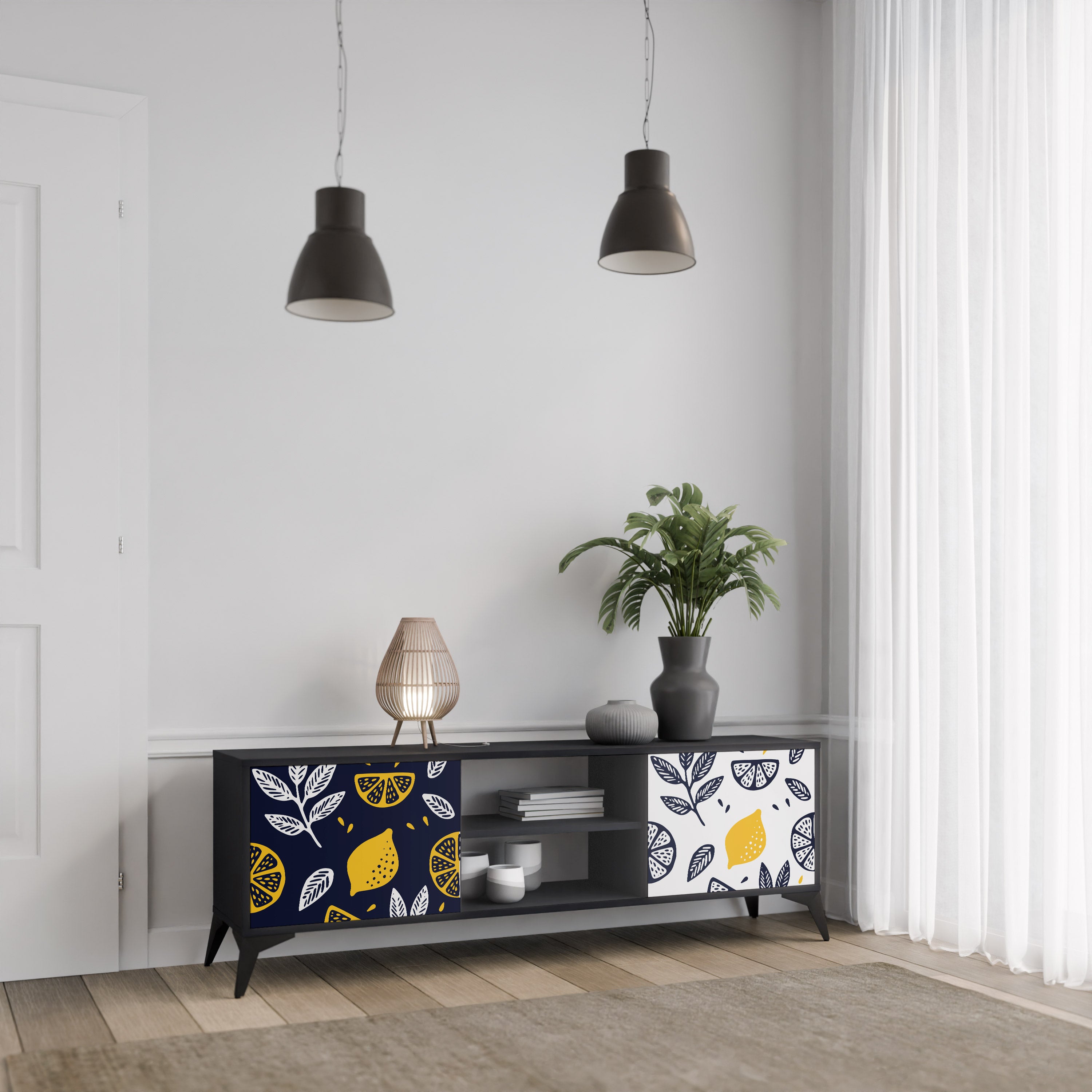 Mueble de TV de 2 puertas CITRUS BLACK AND WHITE con acabado negro