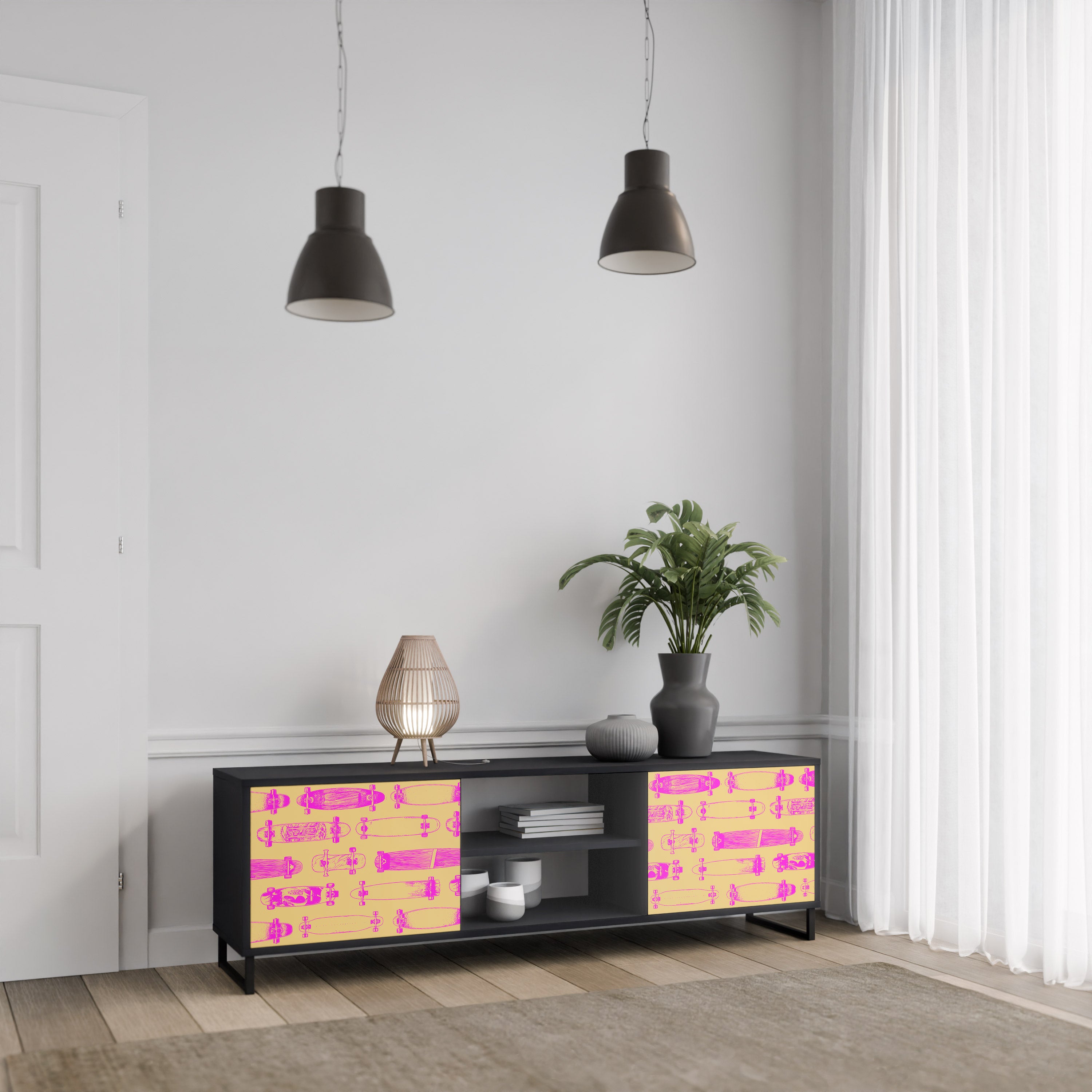 Mueble de TV de 2 puertas SKATEBOARD ARTISTRY con acabado negro
