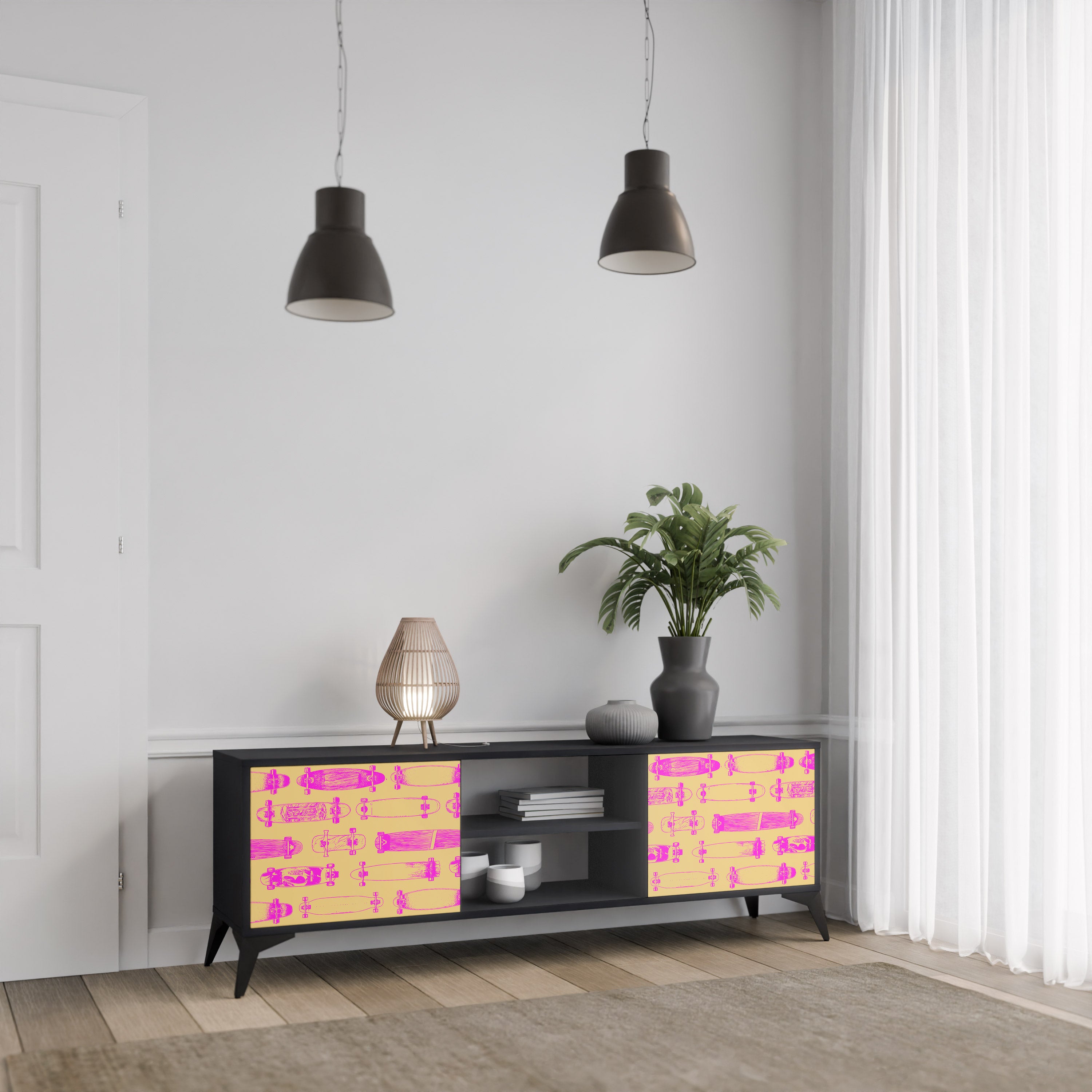 Mueble de TV de 2 puertas SKATEBOARD ARTISTRY con acabado negro