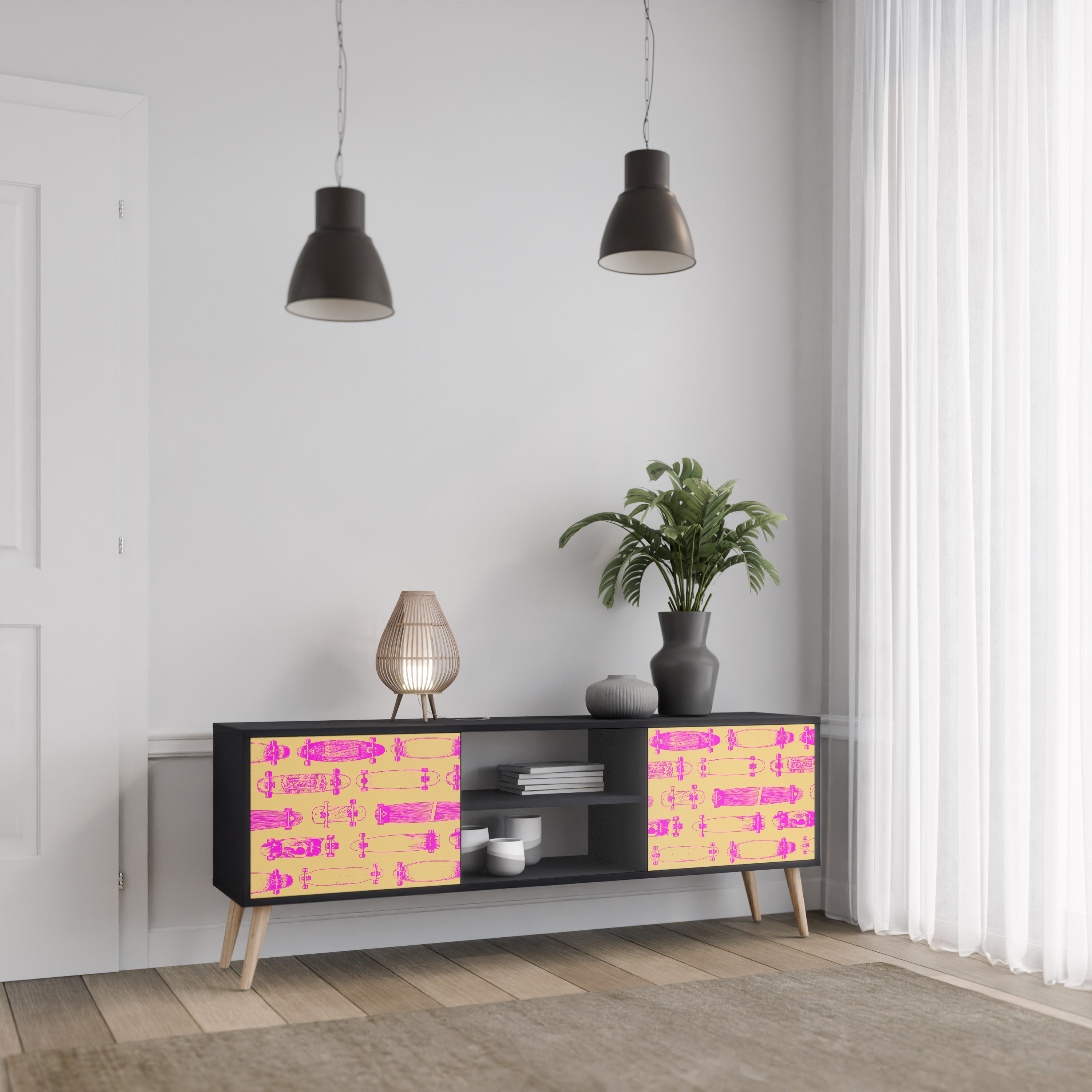 Mueble de TV de 2 puertas SKATEBOARD ARTISTRY con acabado negro