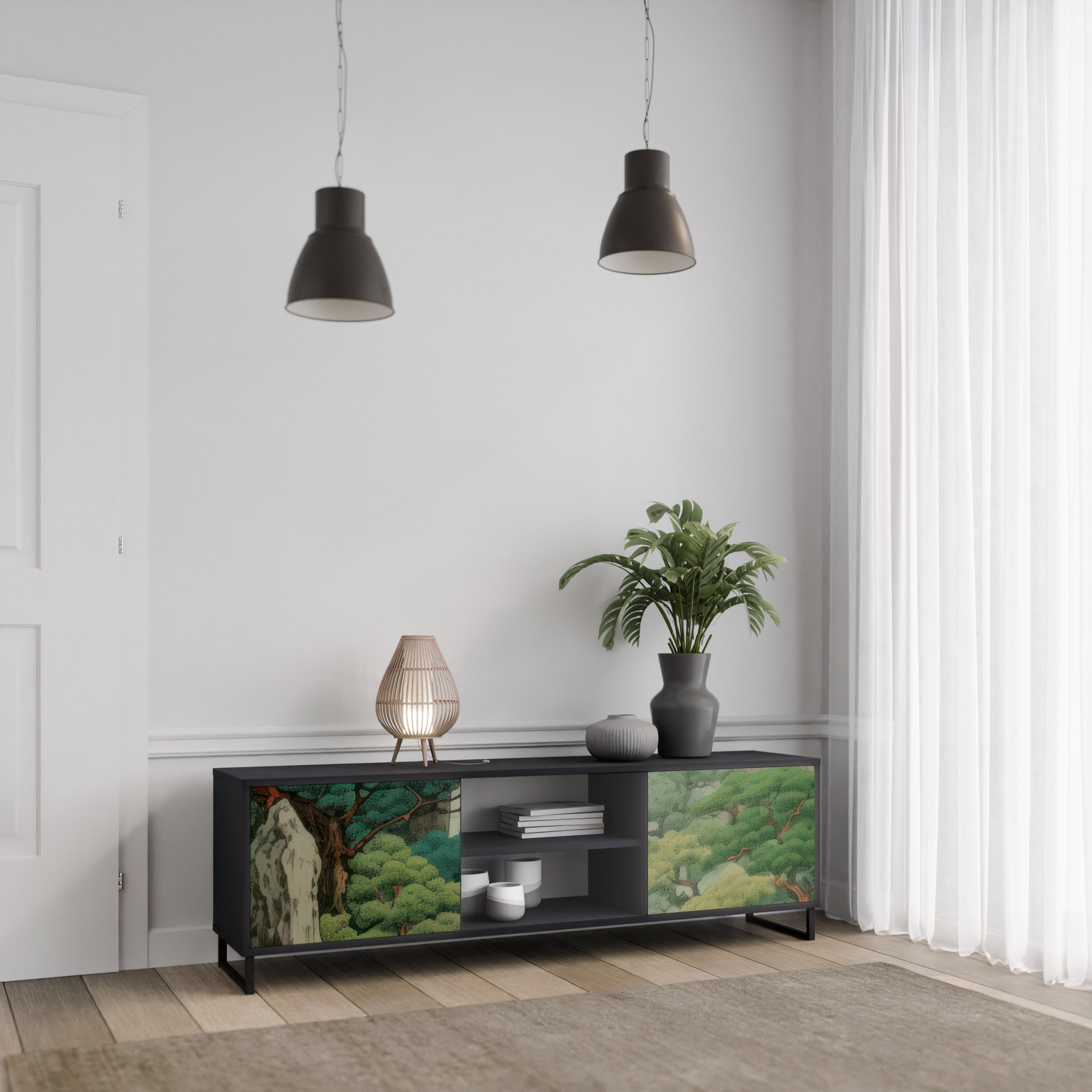 Mueble de TV de 2 puertas VERDURE ABYSS con acabado negro