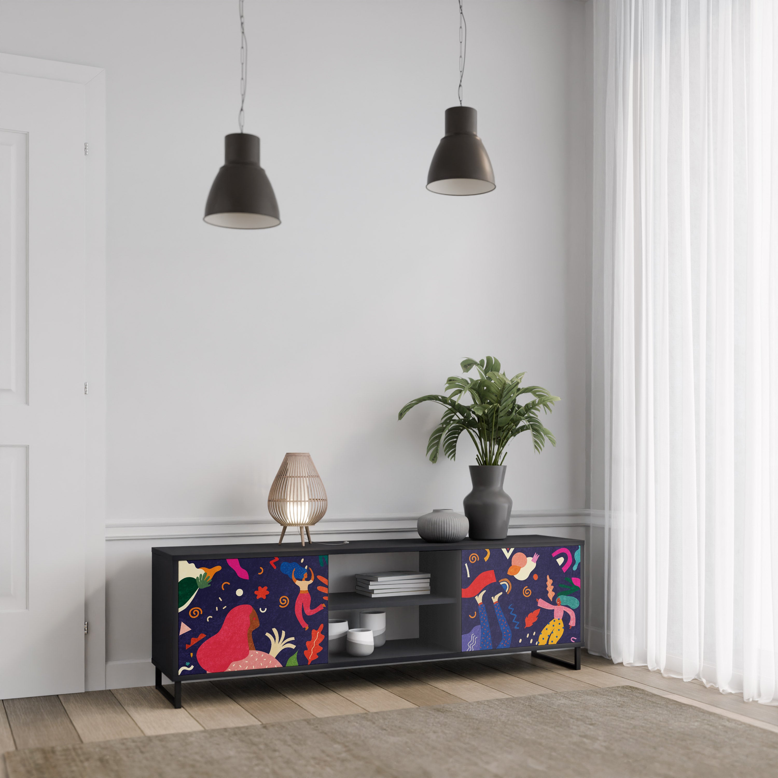 Mueble de TV de 2 puertas PLACERES FESTIVOS con acabado negro