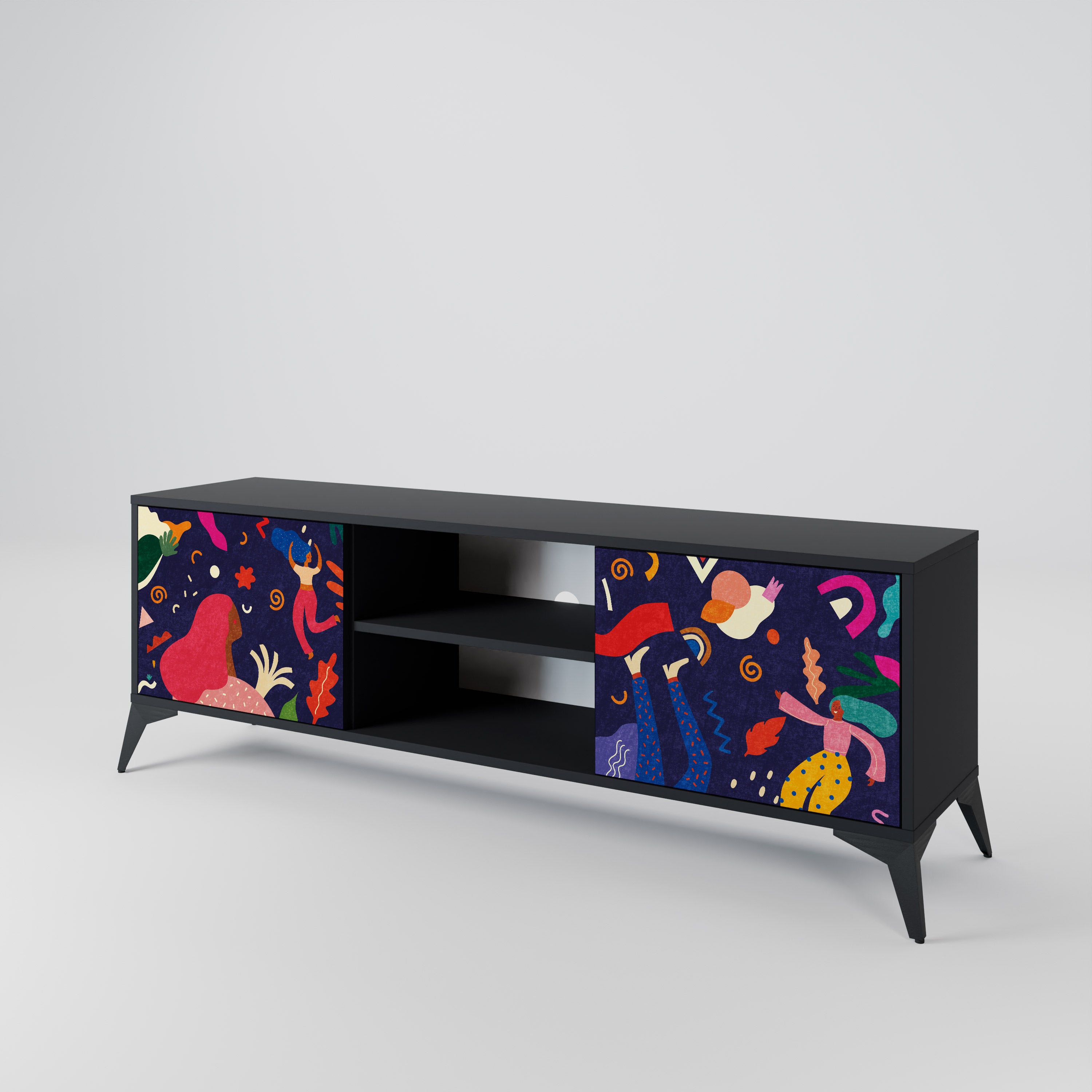 Mueble de TV de 2 puertas PLACERES FESTIVOS con acabado negro