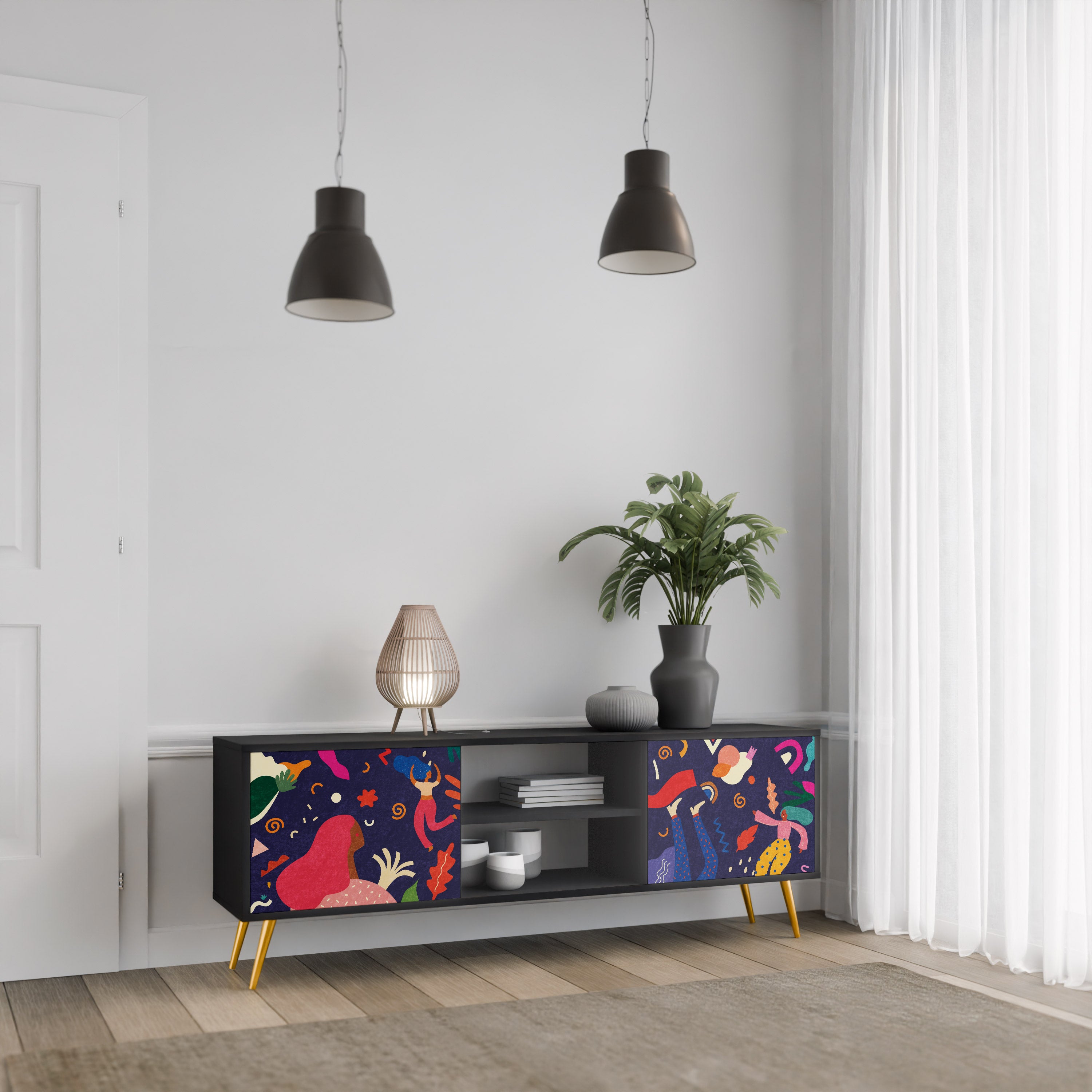 Mueble de TV de 2 puertas PLACERES FESTIVOS con acabado negro