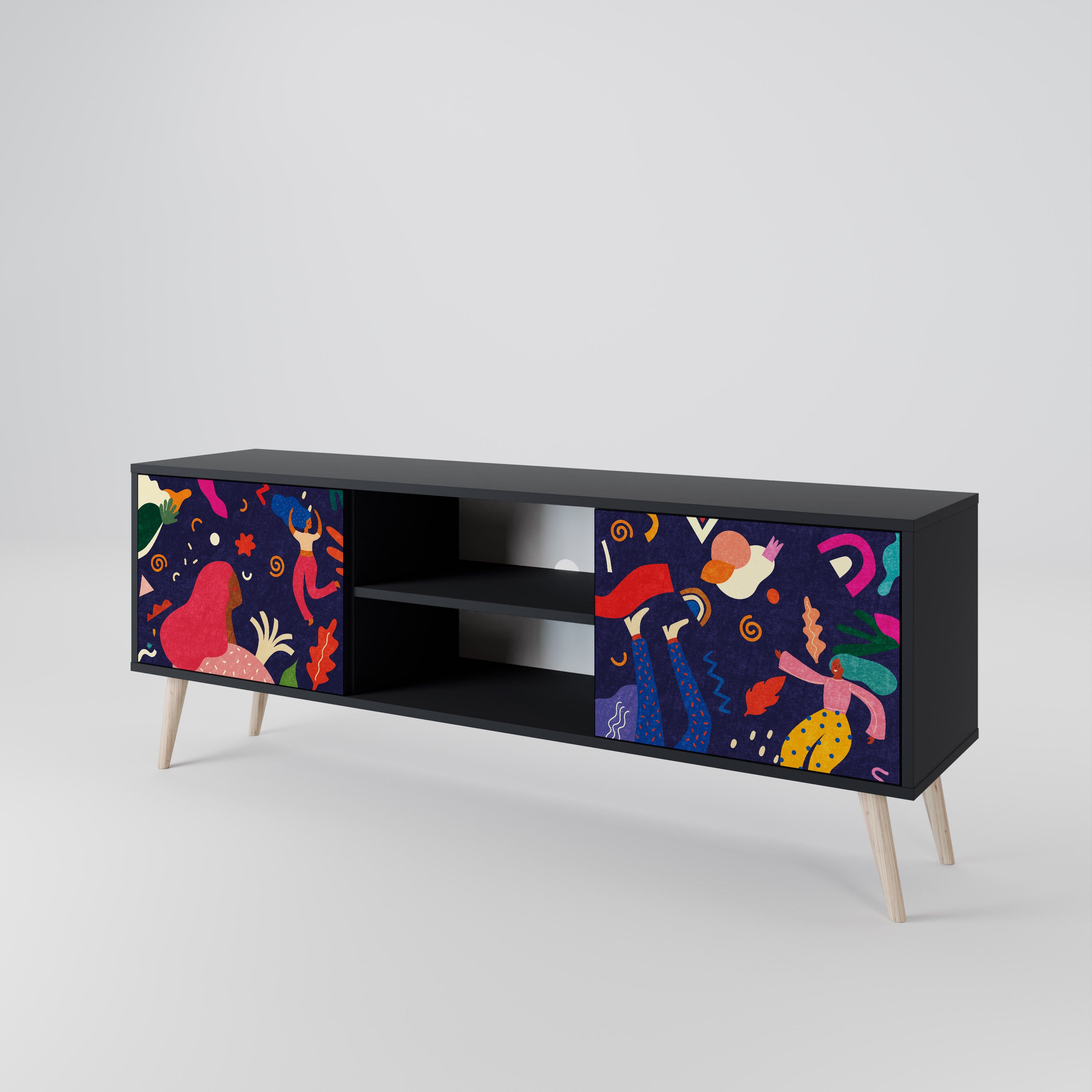 Mueble de TV de 2 puertas PLACERES FESTIVOS con acabado negro