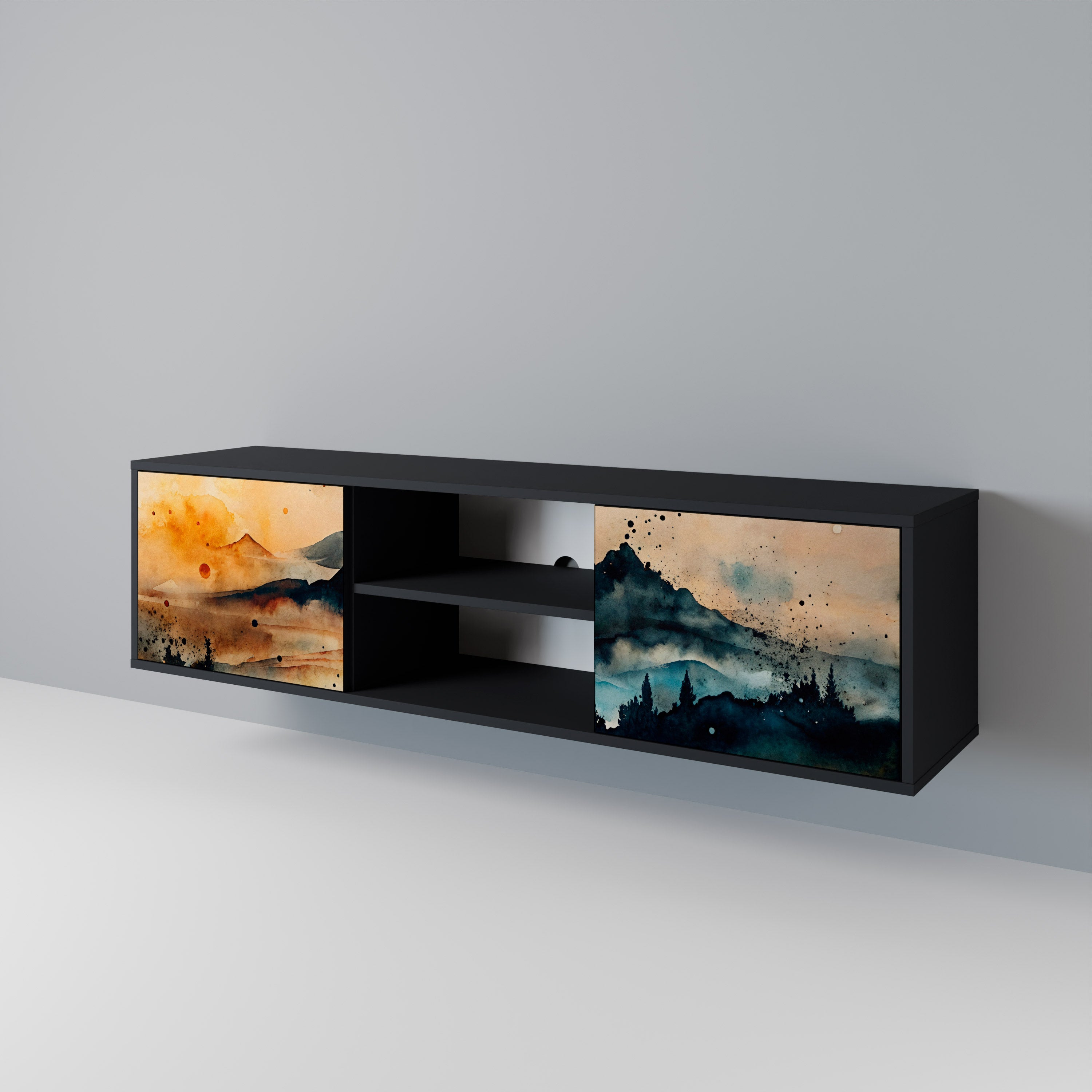Mueble de TV de 2 puertas OMINOUS MOUNTAINS con acabado negro
