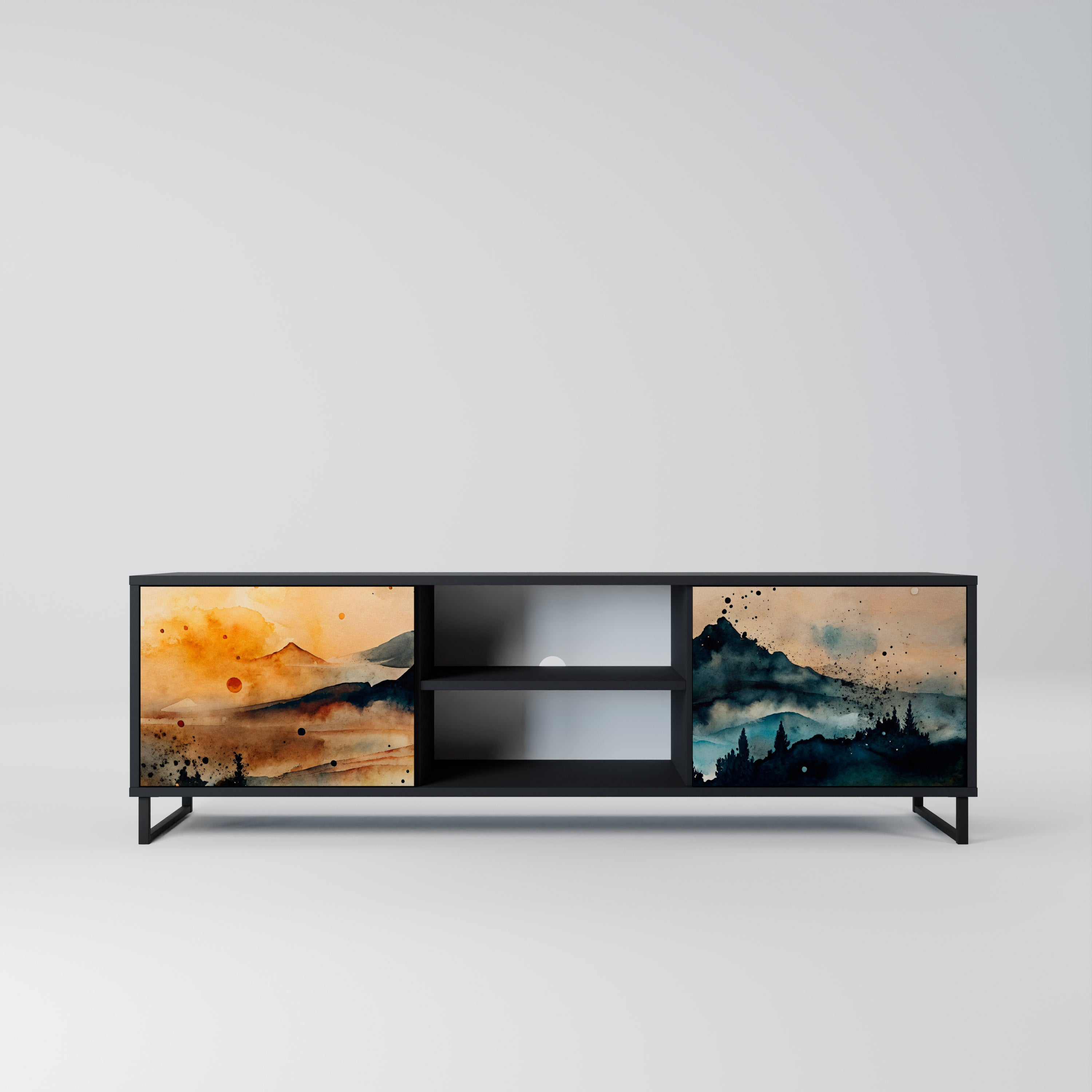 Mueble de TV de 2 puertas OMINOUS MOUNTAINS con acabado negro