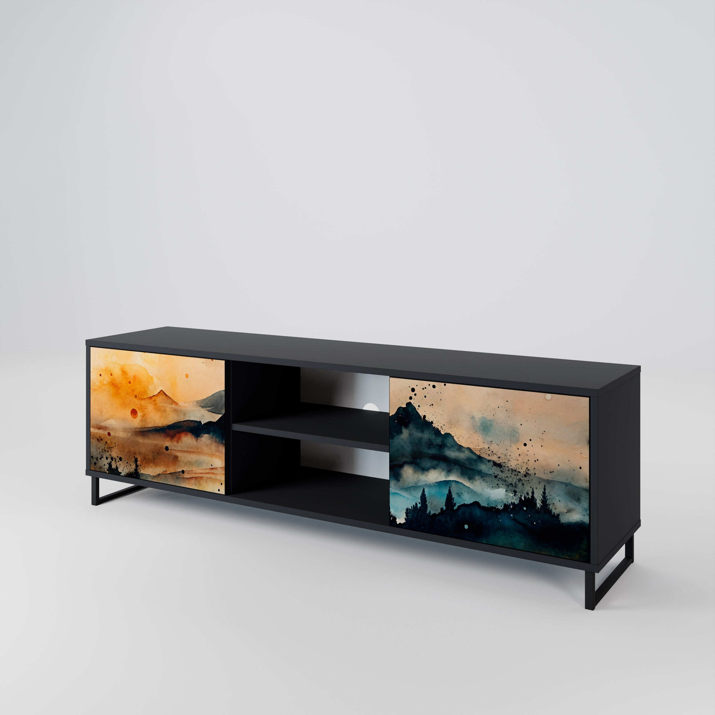 Mueble de TV de 2 puertas OMINOUS MOUNTAINS con acabado negro