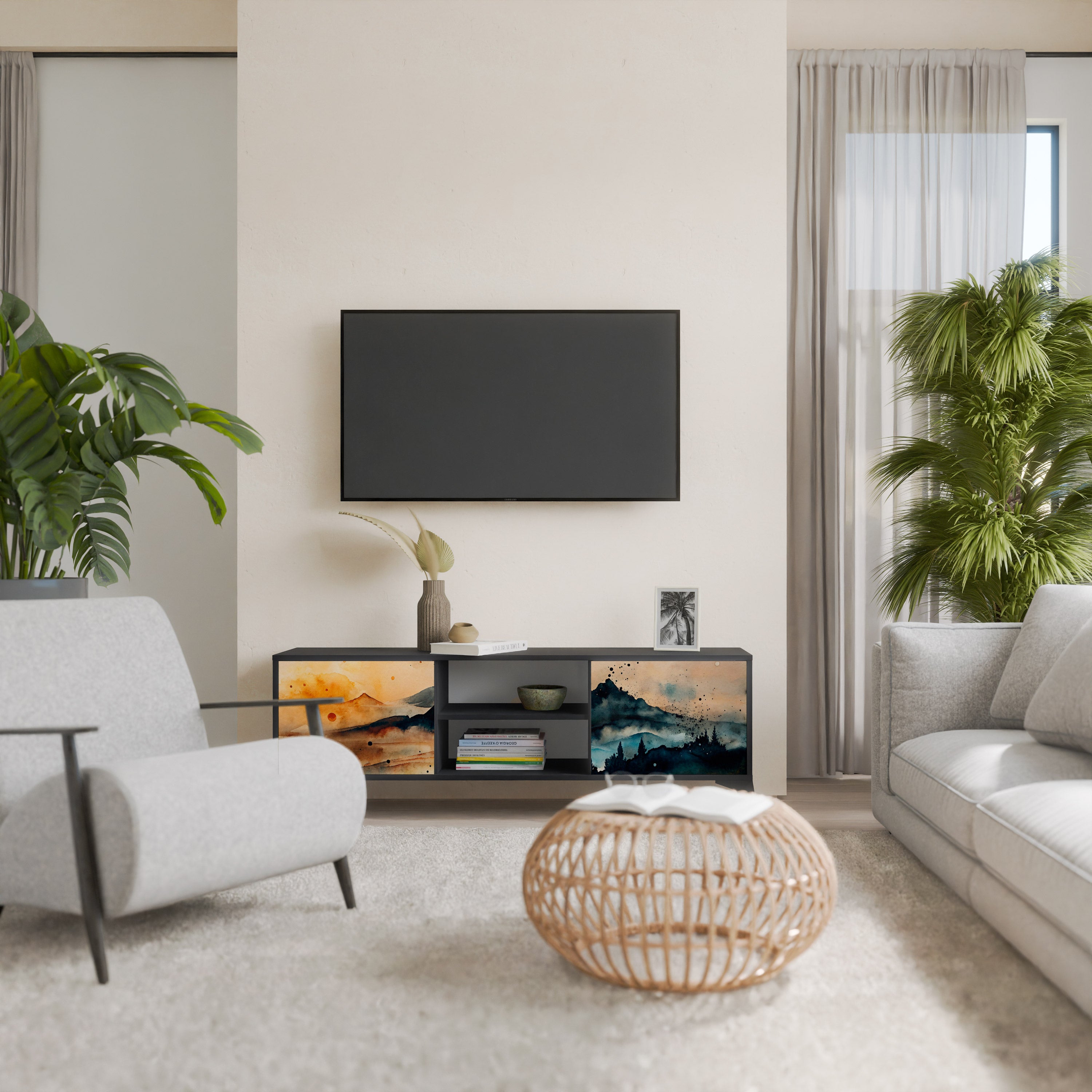 Mueble de TV de 2 puertas OMINOUS MOUNTAINS con acabado negro
