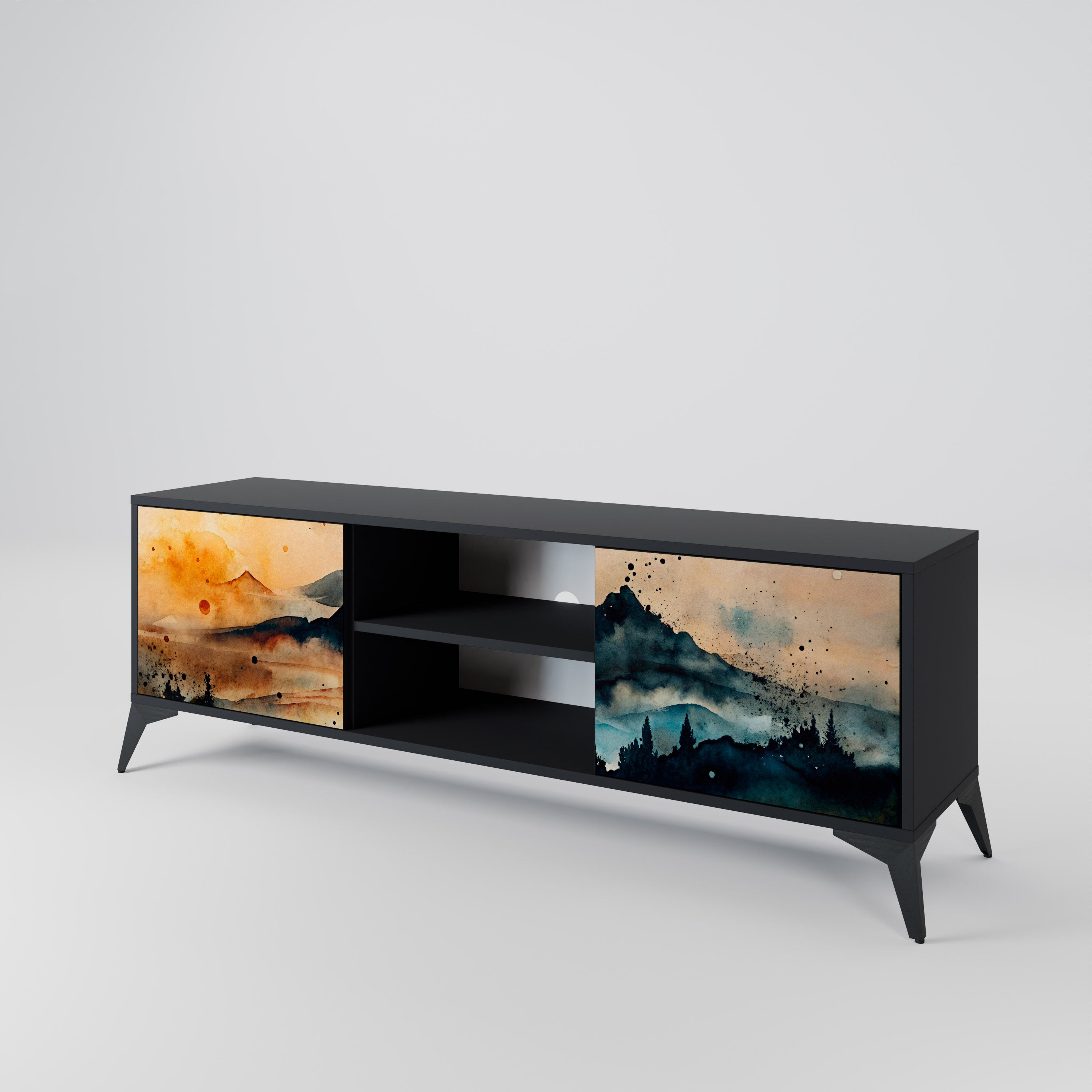 Mueble de TV de 2 puertas OMINOUS MOUNTAINS con acabado negro