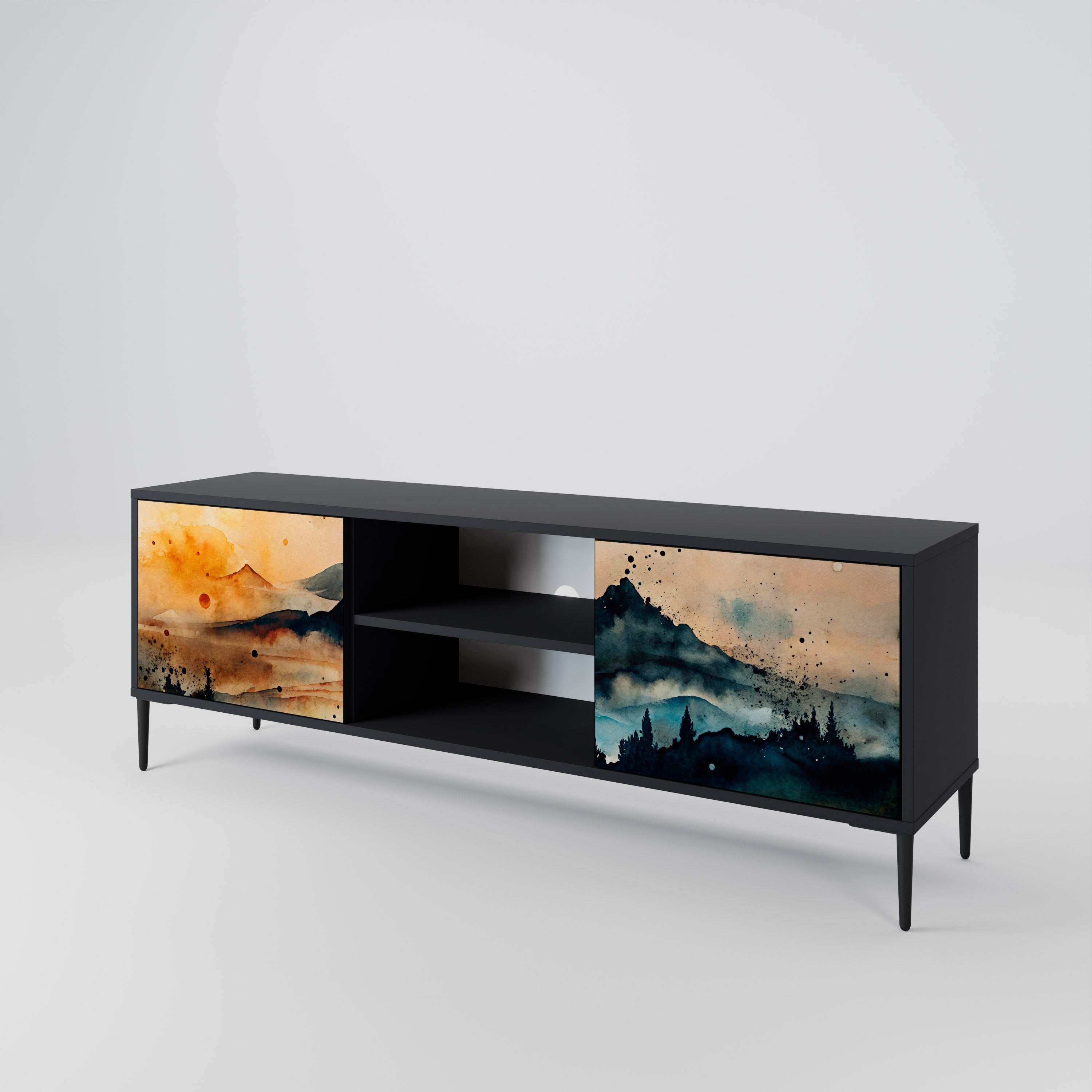 Mueble de TV de 2 puertas OMINOUS MOUNTAINS con acabado negro