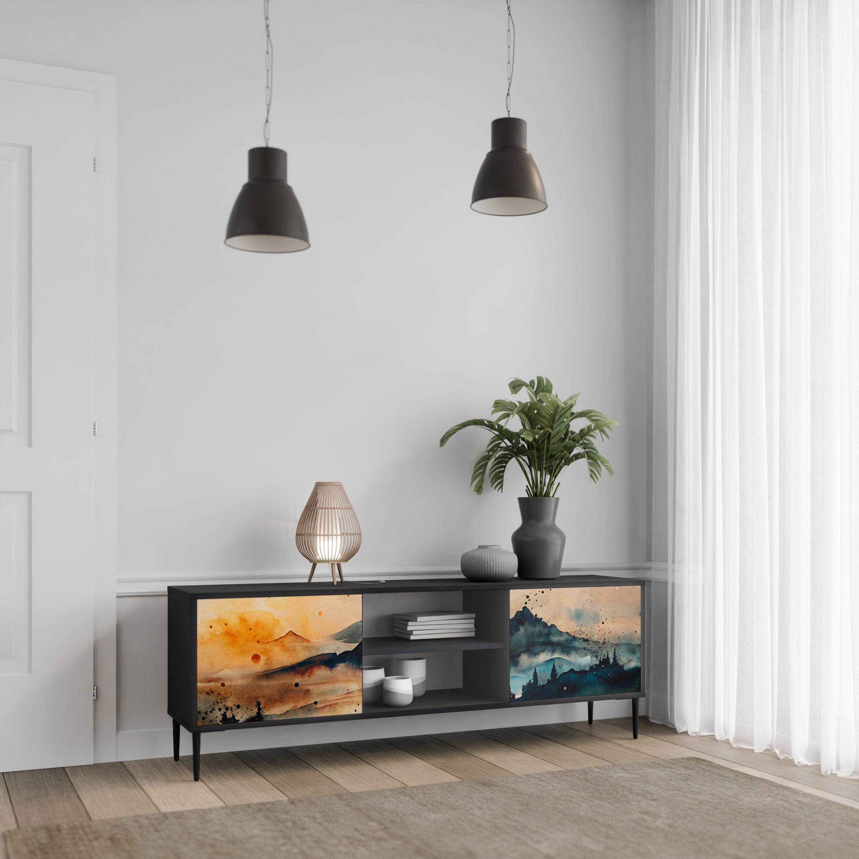 Mueble de TV de 2 puertas OMINOUS MOUNTAINS con acabado negro