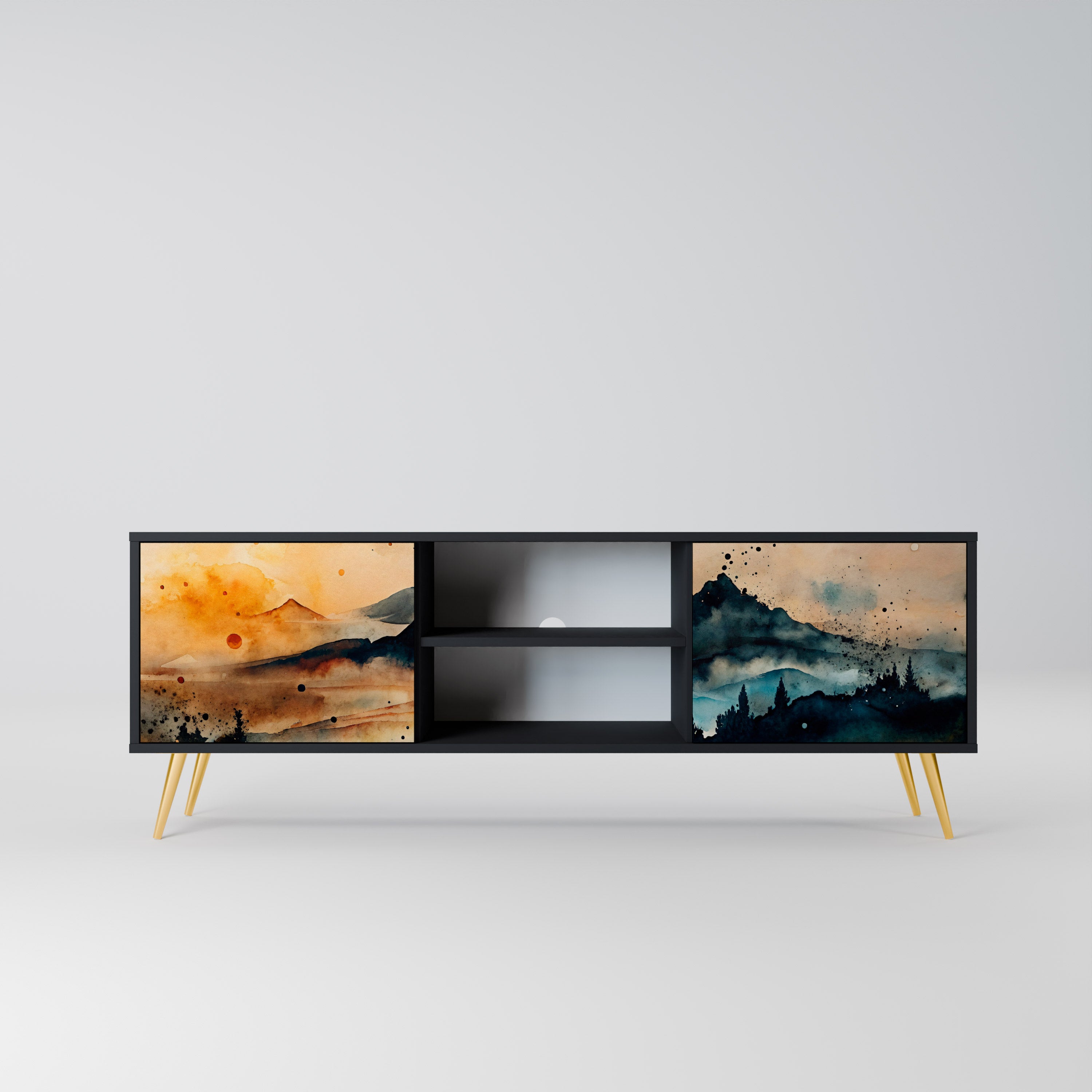 Mueble de TV de 2 puertas OMINOUS MOUNTAINS con acabado negro