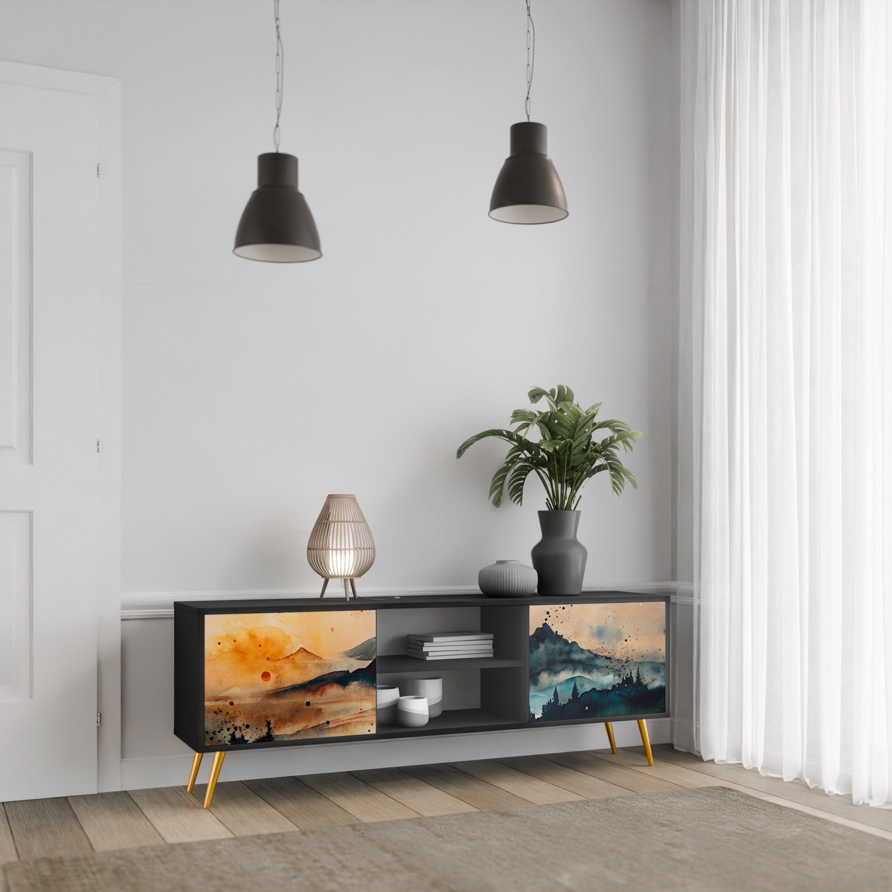 Mueble de TV de 2 puertas OMINOUS MOUNTAINS con acabado negro