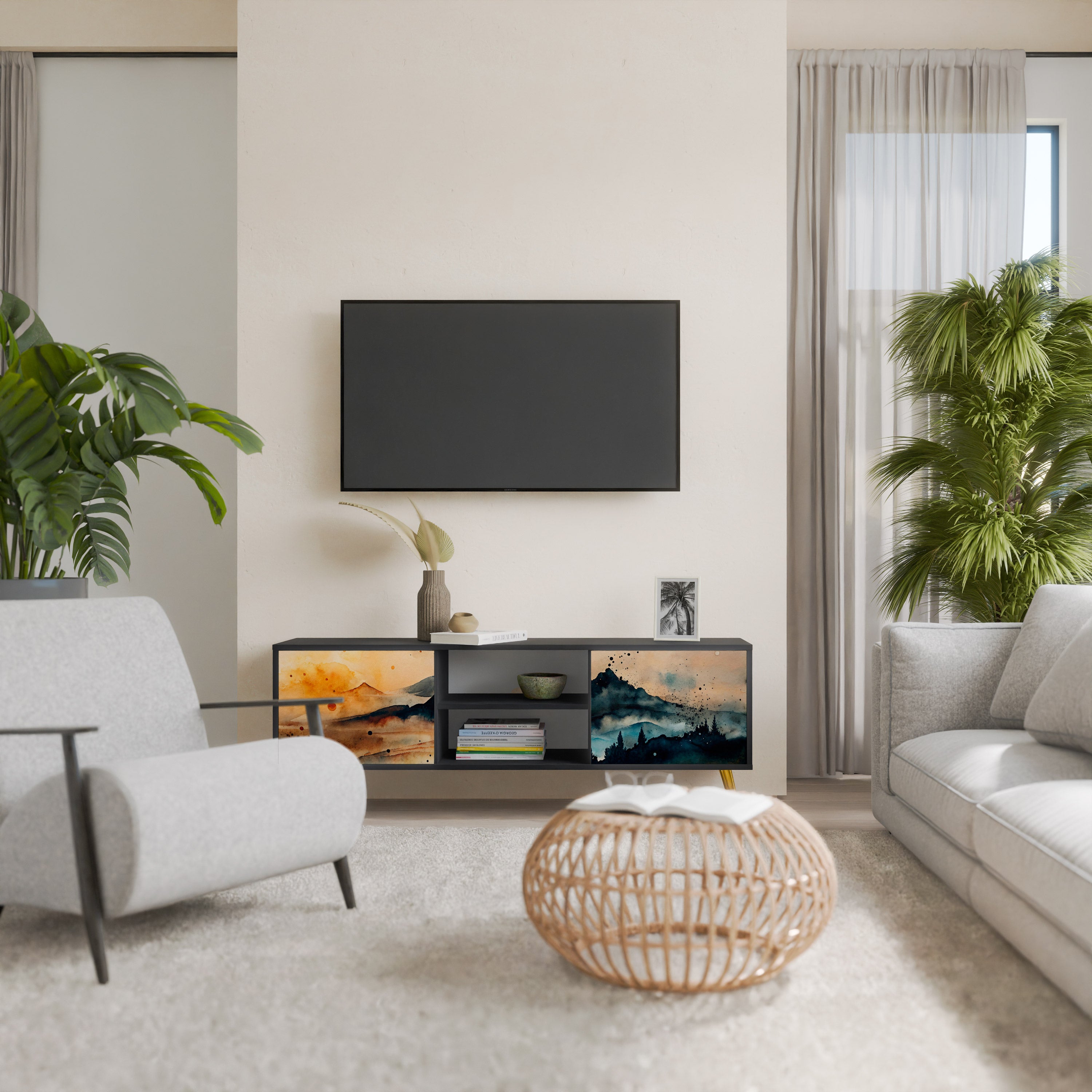 Mueble de TV de 2 puertas OMINOUS MOUNTAINS con acabado negro