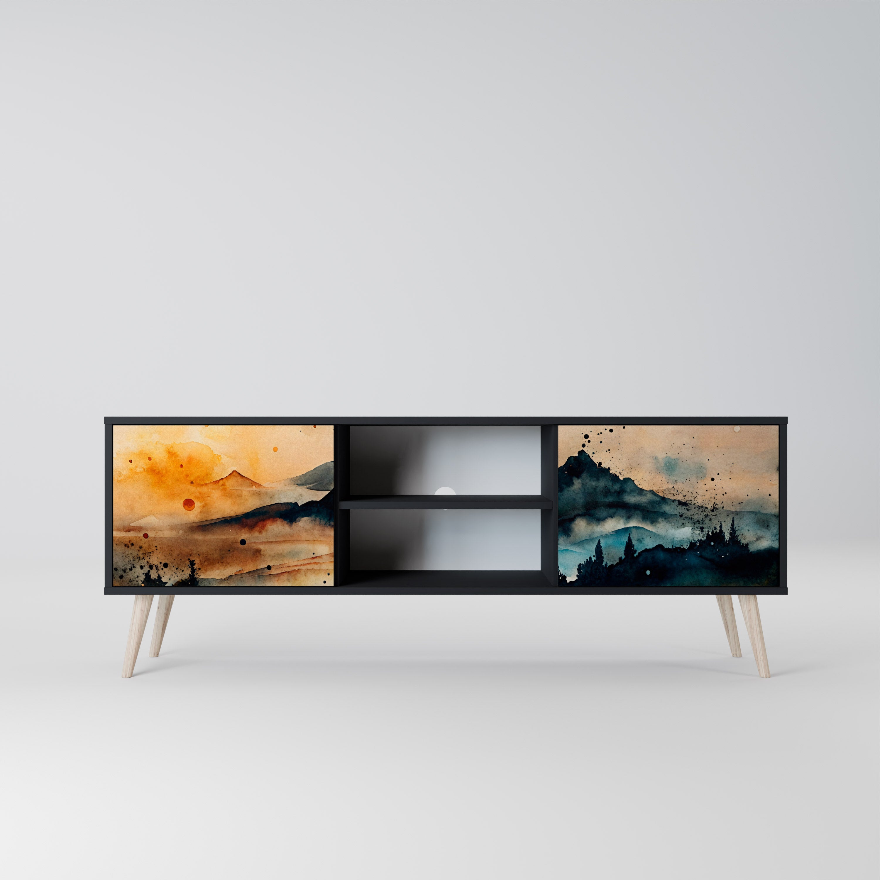 Mueble de TV de 2 puertas OMINOUS MOUNTAINS con acabado negro