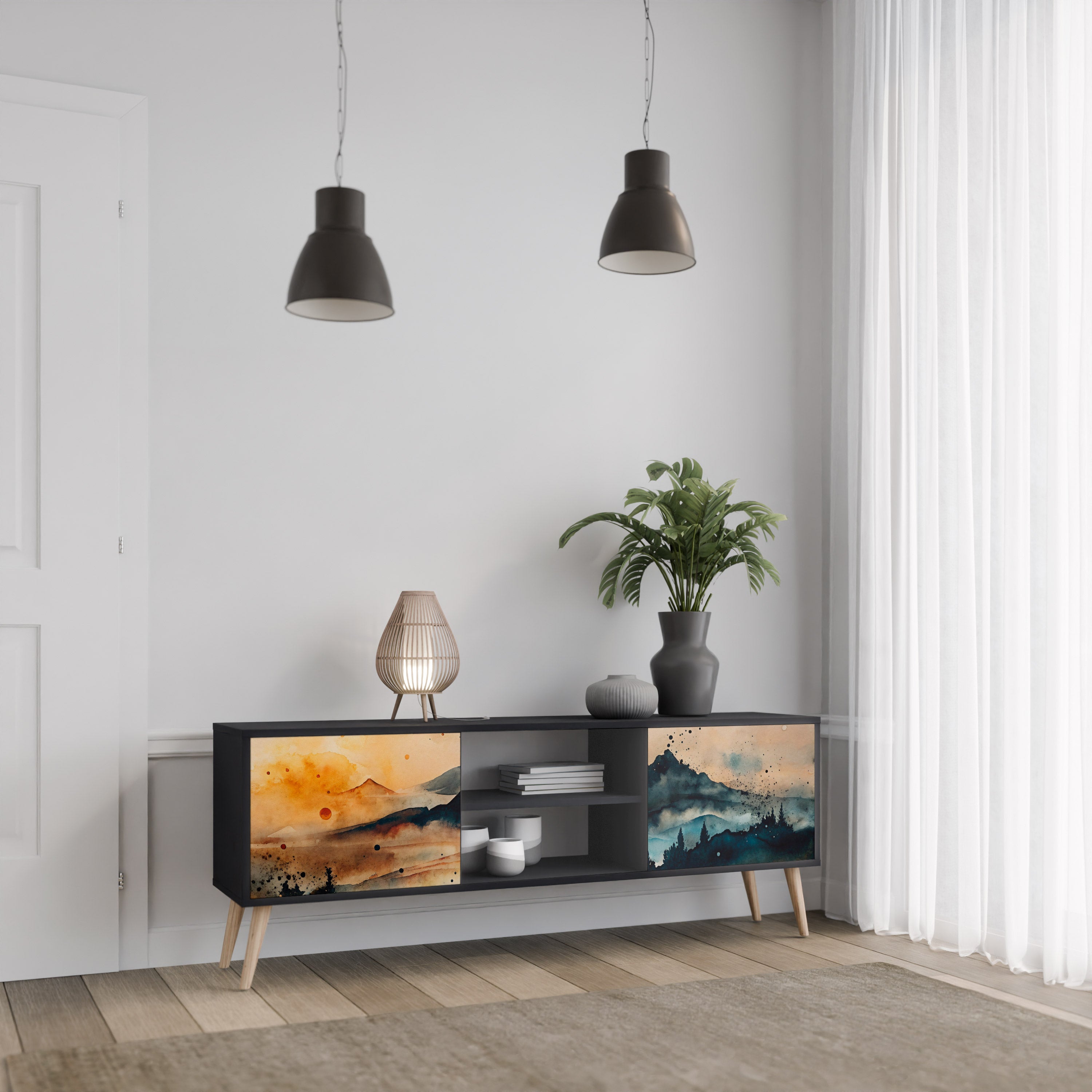 Mueble de TV de 2 puertas OMINOUS MOUNTAINS con acabado negro