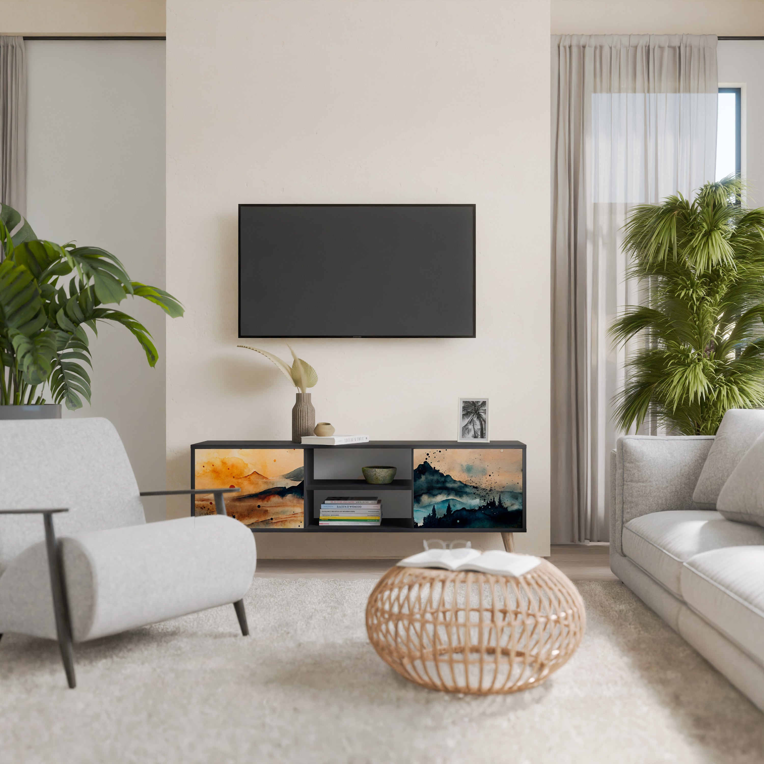 Mueble de TV de 2 puertas OMINOUS MOUNTAINS con acabado negro