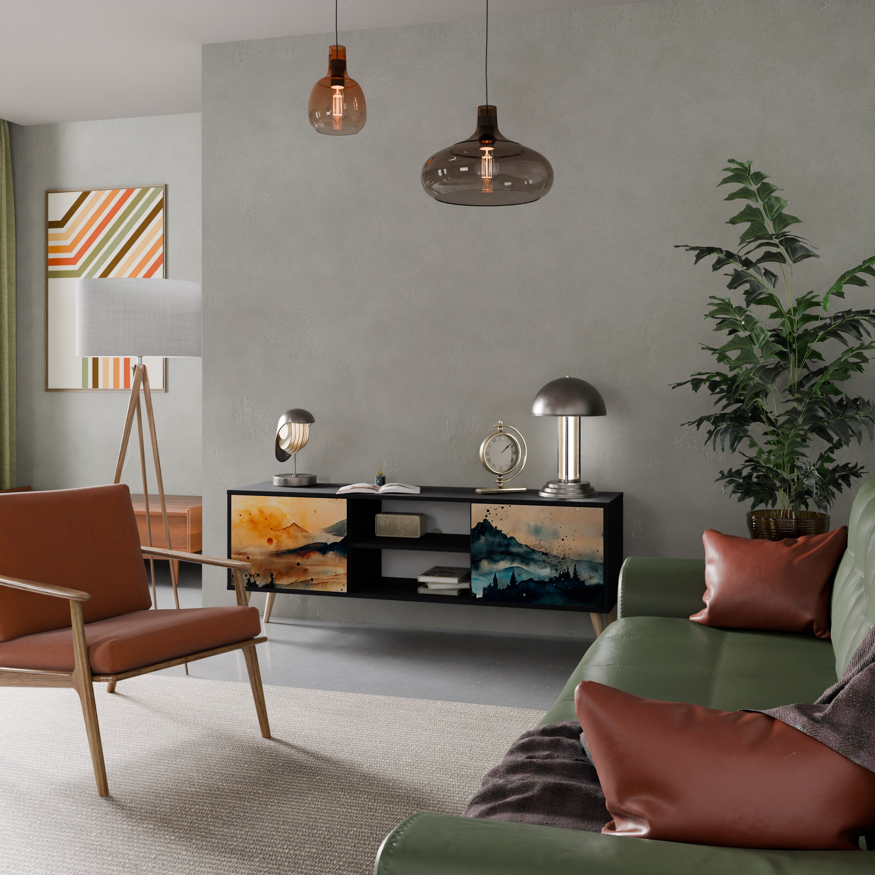 Mueble de TV de 2 puertas OMINOUS MOUNTAINS con acabado negro