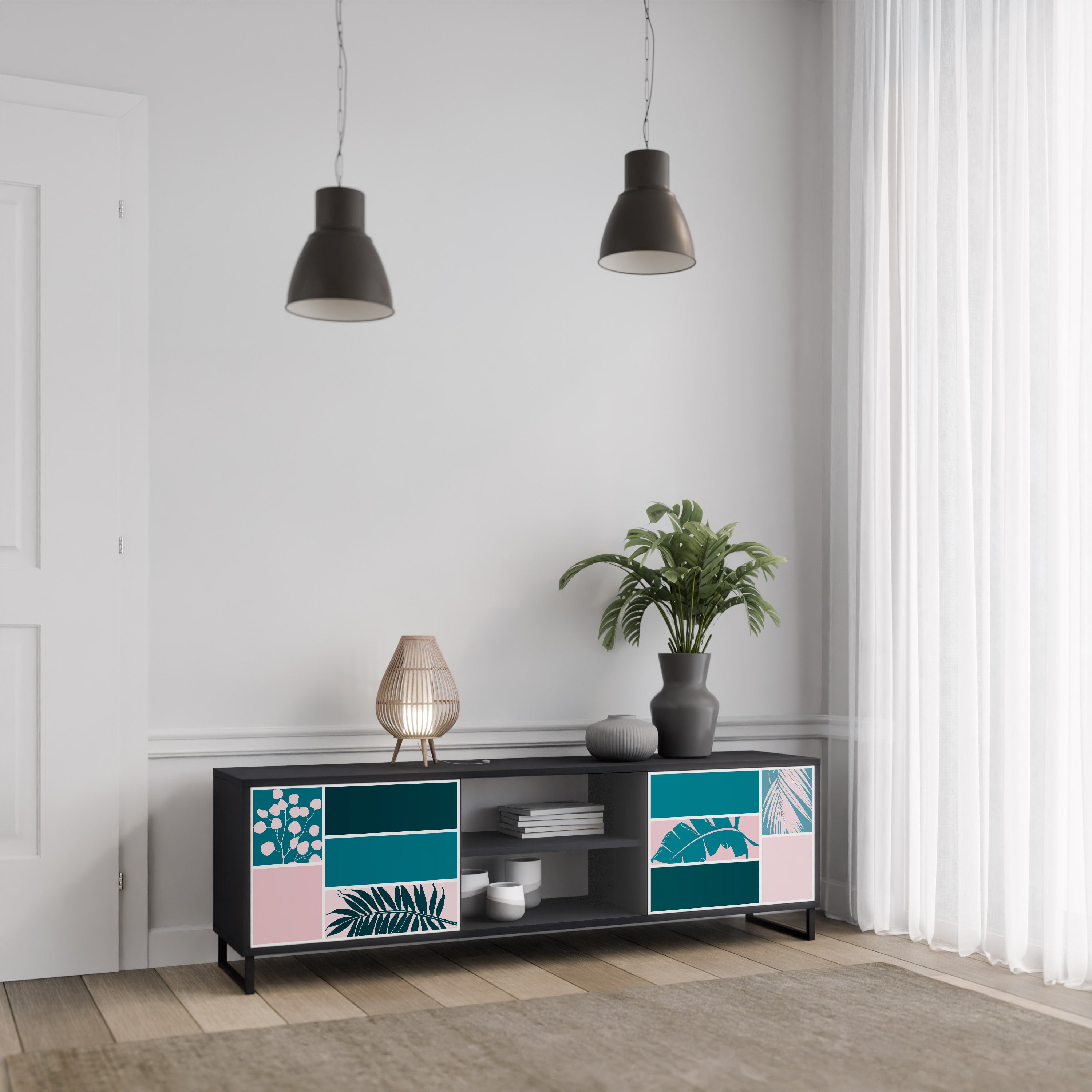COMBINACIÓN DE FORMAS Mueble de TV de 2 puertas en acabado negro