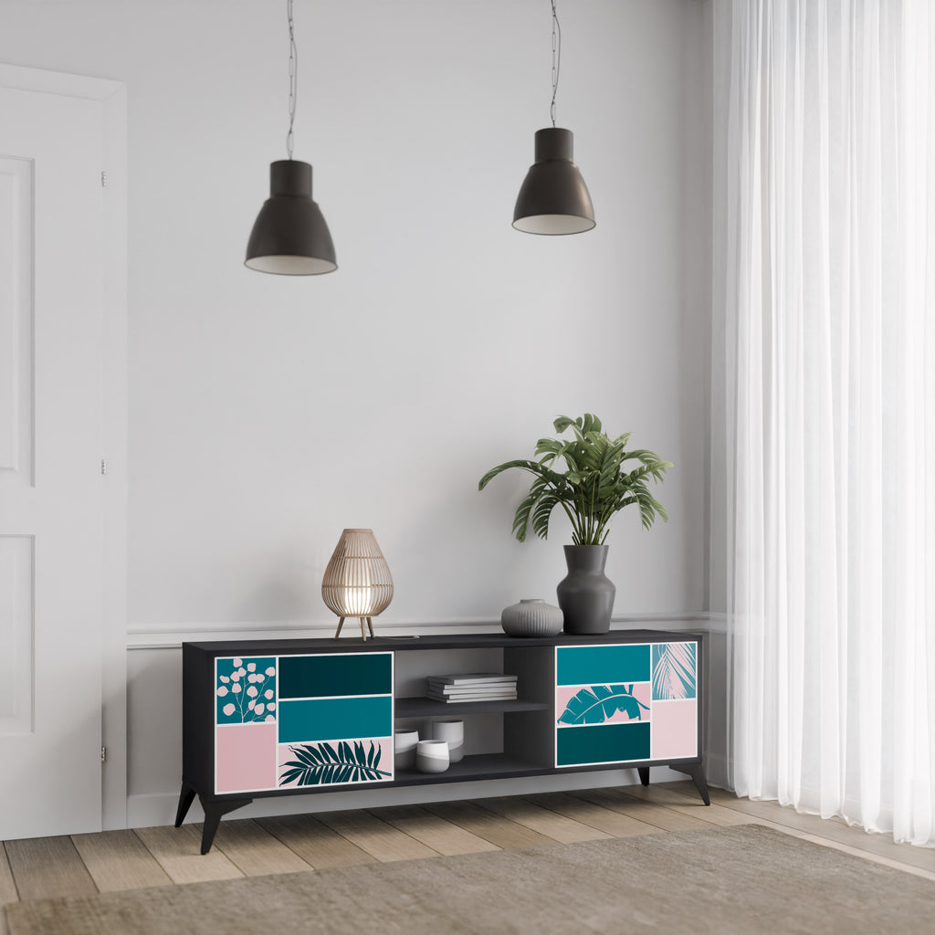 COMBINACIÓN DE FORMAS Mueble de TV de 2 puertas en acabado negro