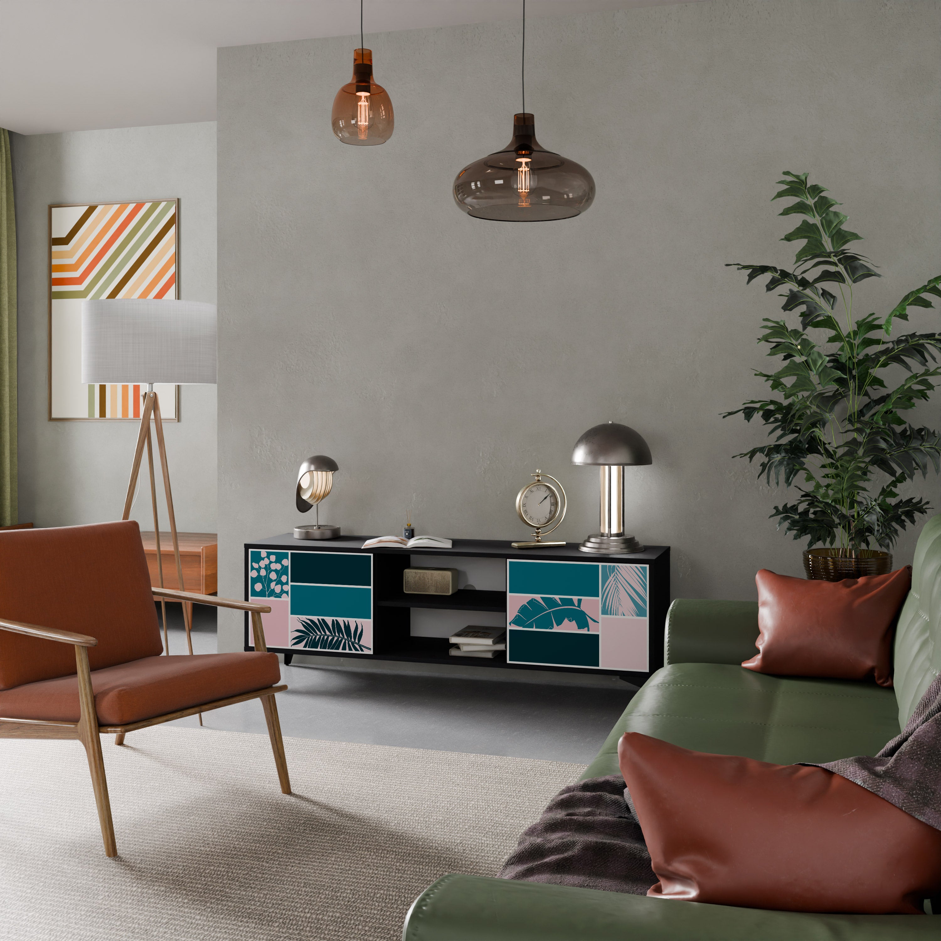 COMBINACIÓN DE FORMAS Mueble de TV de 2 puertas en acabado negro