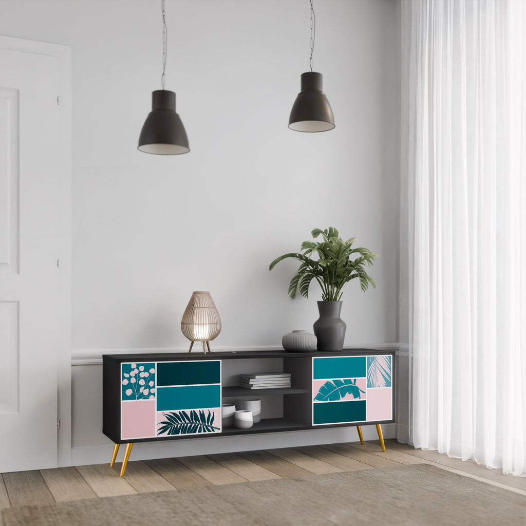 COMBINACIÓN DE FORMAS Mueble de TV de 2 puertas en acabado negro